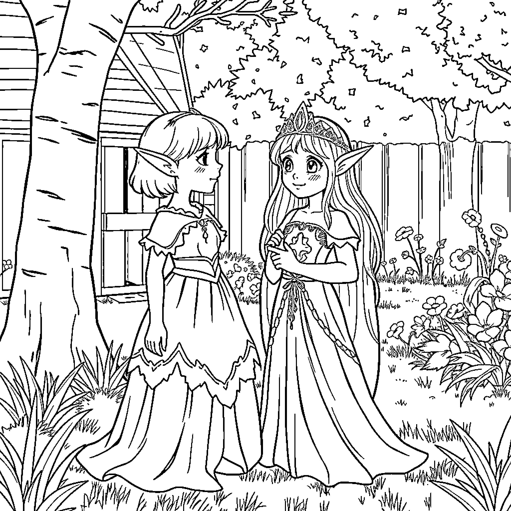 Elven Queen and Prince in Enchanted Forest Coloring Page (free black-and-white line drawing printable PDF for all, from beginners to advanced learners, including children, teens, adults, and seniors)