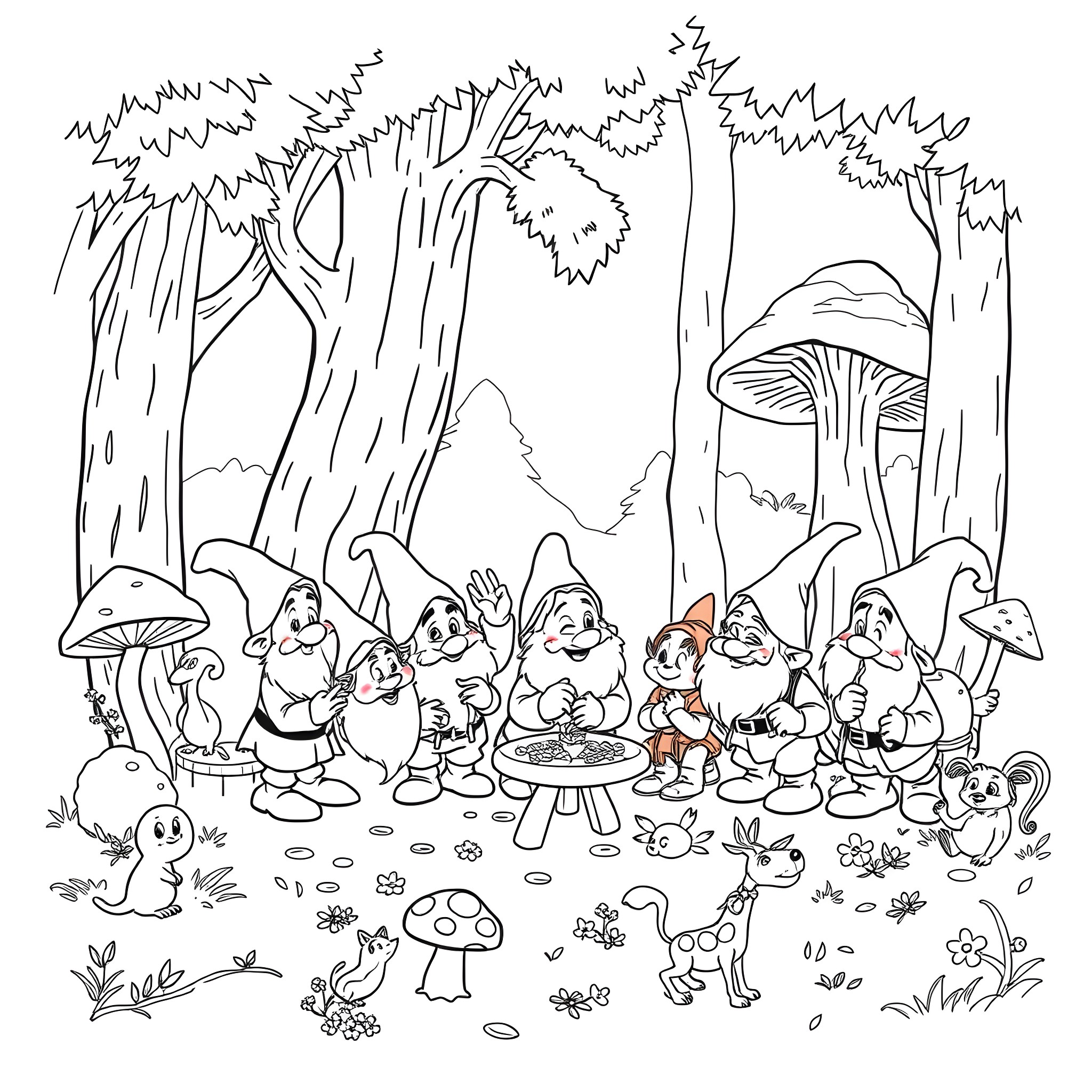 Dwarf friends gathering in the forest Coloring Page (free black-and-white line drawing printable PDF for all, from beginners to advanced learners, including children, teens, adults, and seniors)