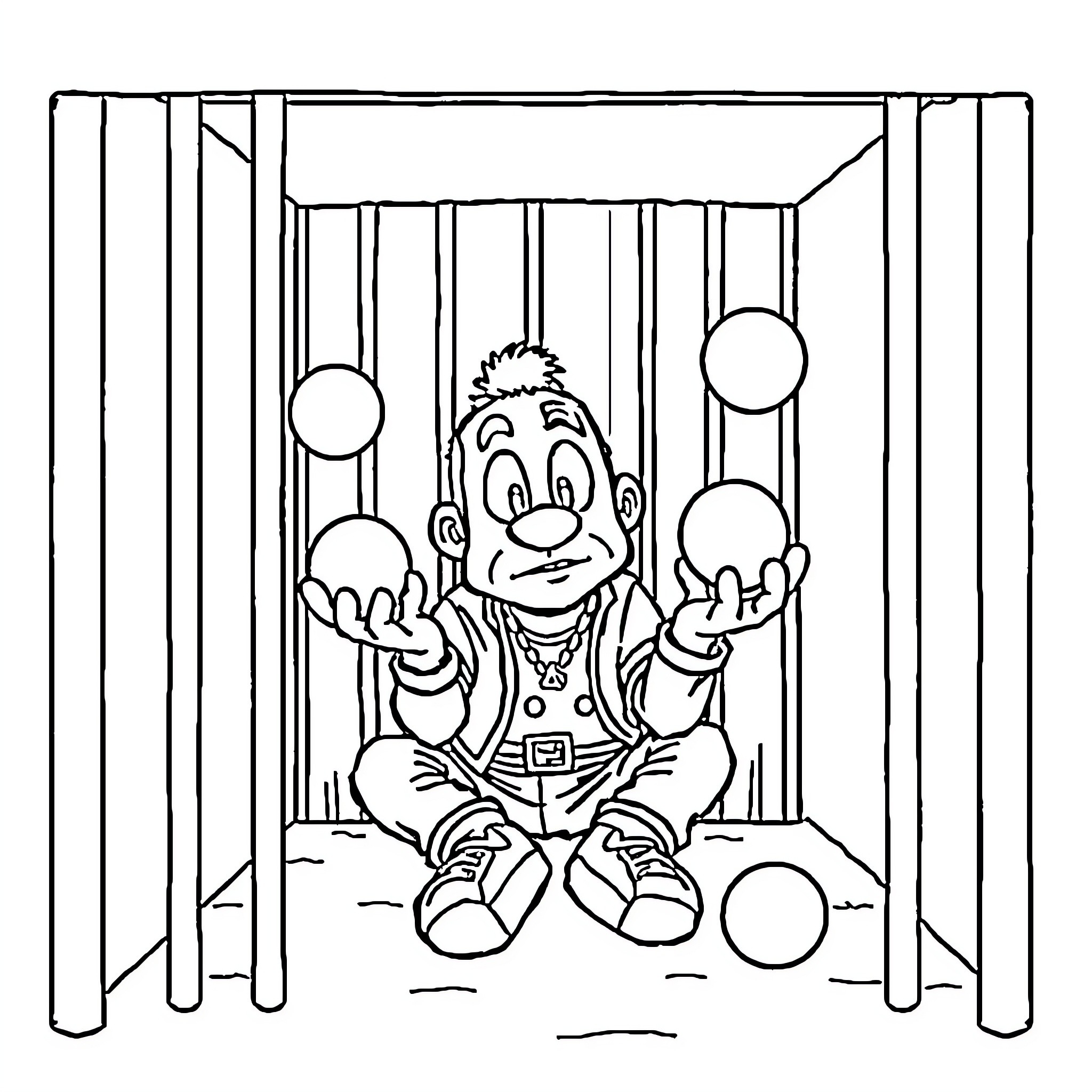 Diddy behind bars with cheerful expression Coloring Page (free black-and-white line drawing printable PDF for all, from beginners to advanced learners, including children, teens, adults, and seniors)
