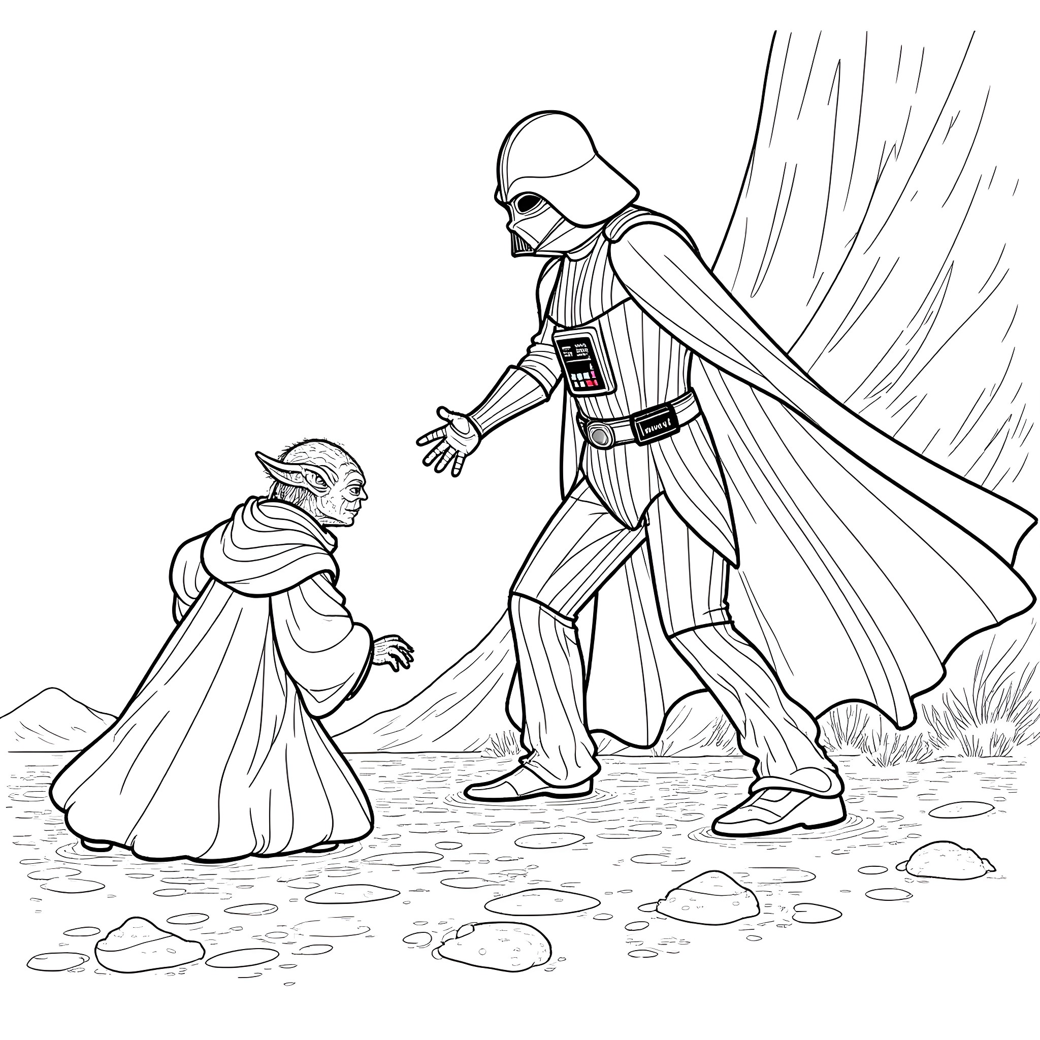 Darth Vader confronting a defeated Jedi Coloring Page (free black-and-white line drawing printable PDF for all, from beginners to advanced learners, including children, teens, adults, and seniors)