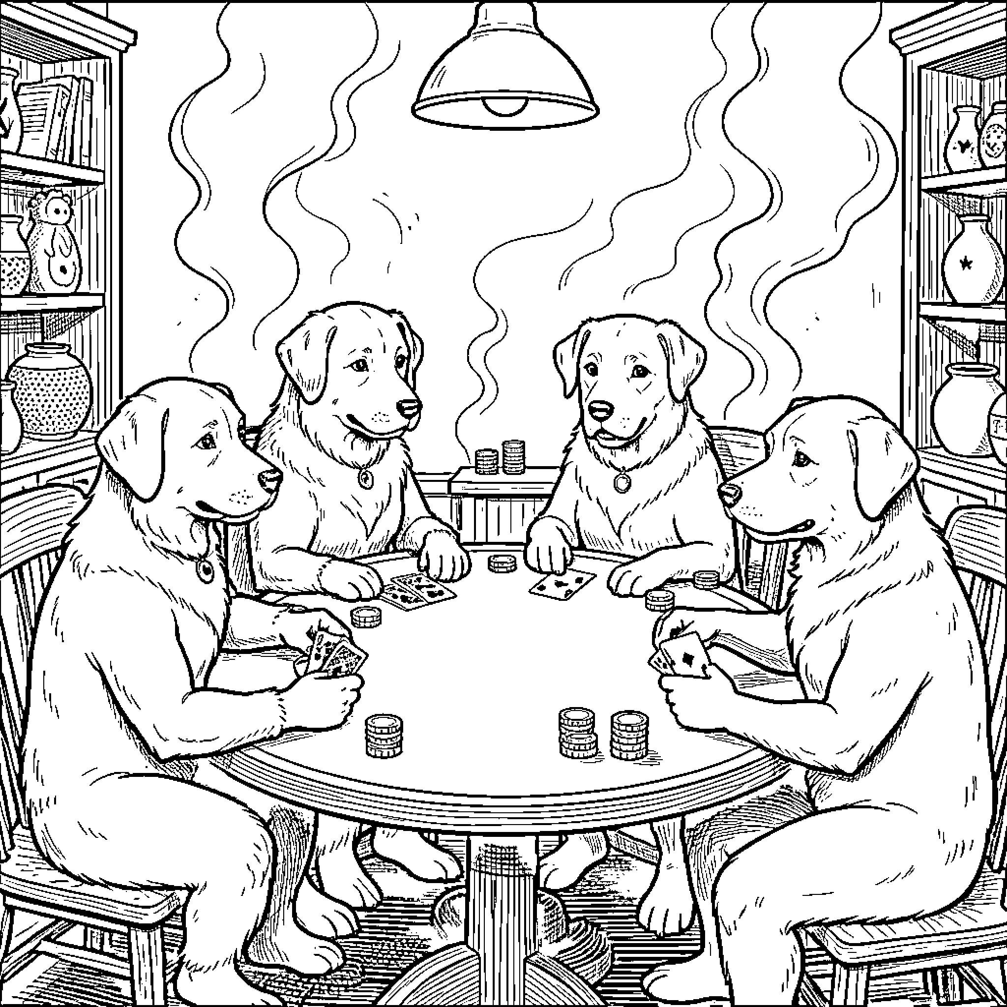 Dog Friends Enjoying a Cozy Gathering Coloring Page (free black-and-white line drawing printable PDF for all, from beginners to advanced learners, including children, teens, adults, and seniors)