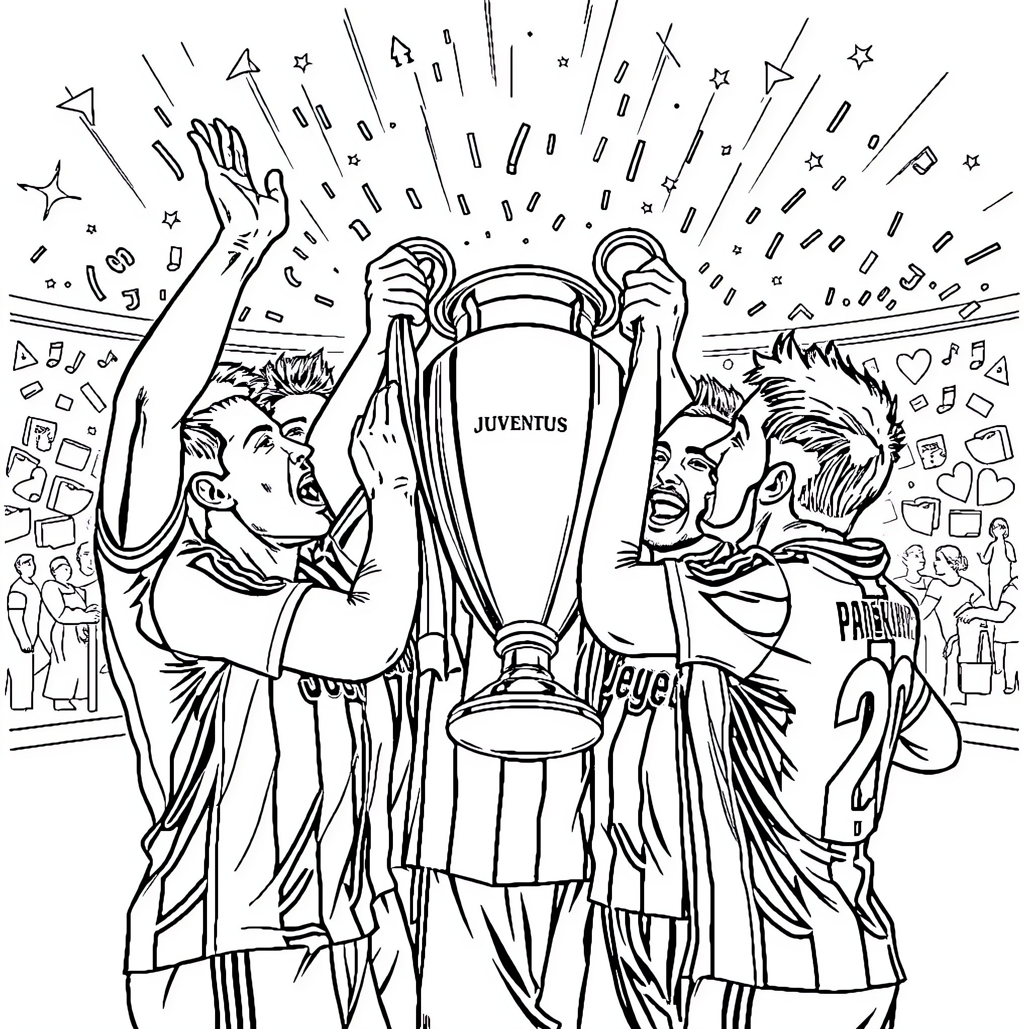 Juventus players celebrating with trophy Coloring Page (free black-and-white line drawing printable PDF for all, from beginners to advanced learners, including children, teens, adults, and seniors)