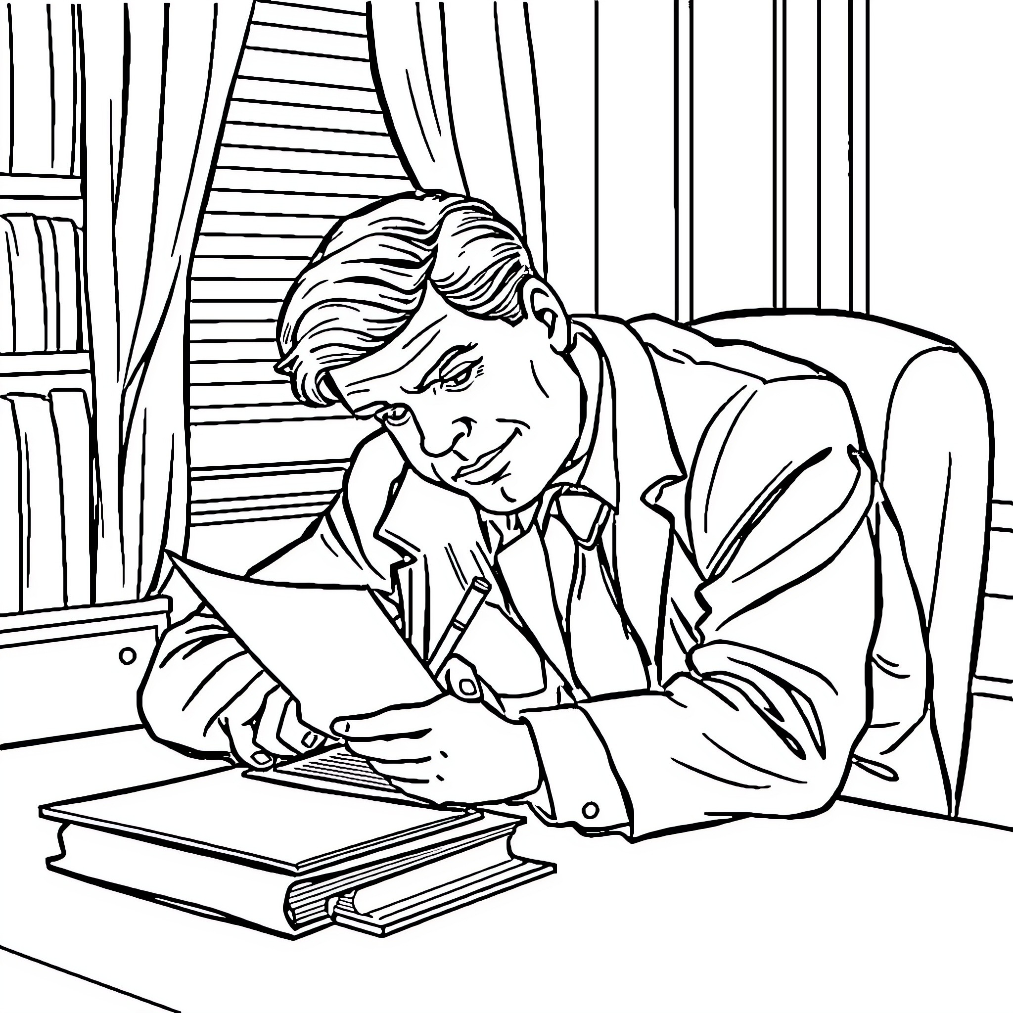 Advocate studying diligently at his desk Coloring Page (free black-and-white line drawing printable PDF for all, from beginners to advanced learners, including children, teens, adults, and seniors)