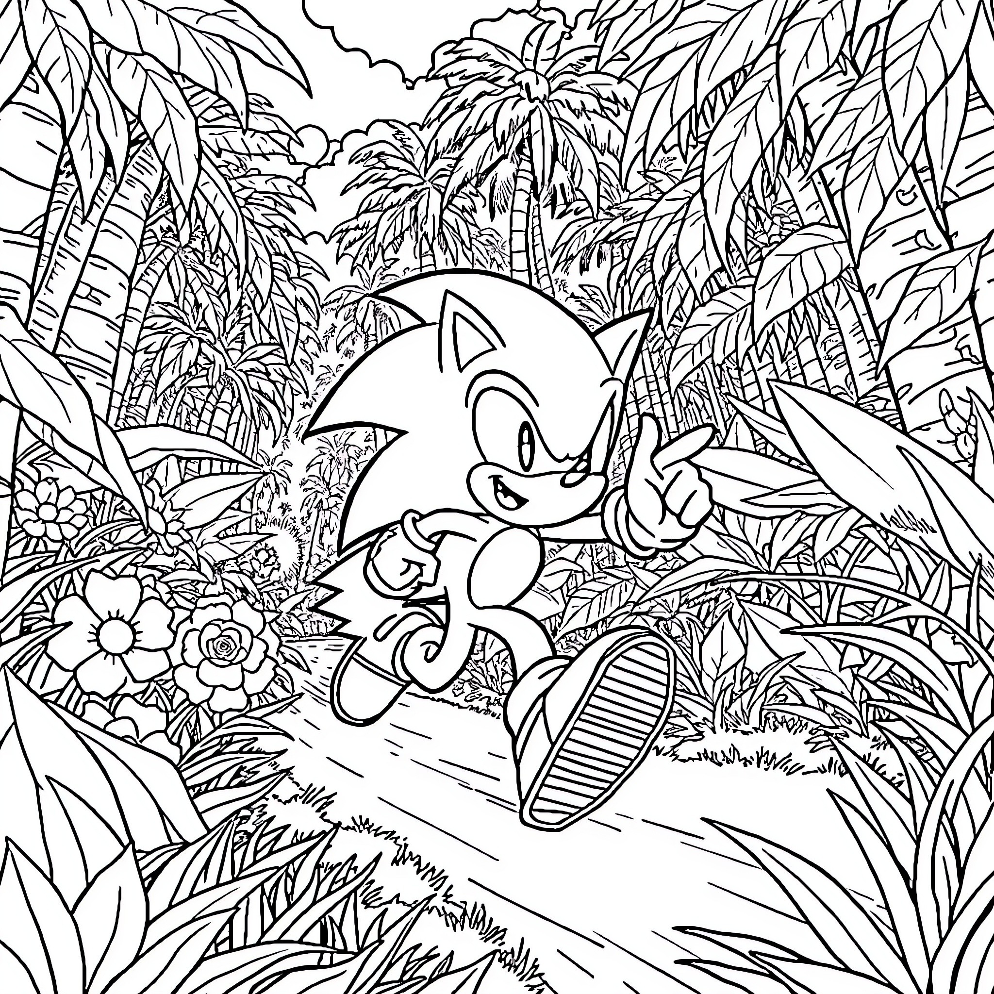 Sonic's Tropical Adventure in the Lush Jungle Coloring Page (free black-and-white line drawing printable PDF for all, from beginners to advanced learners, including children, teens, adults, and seniors)