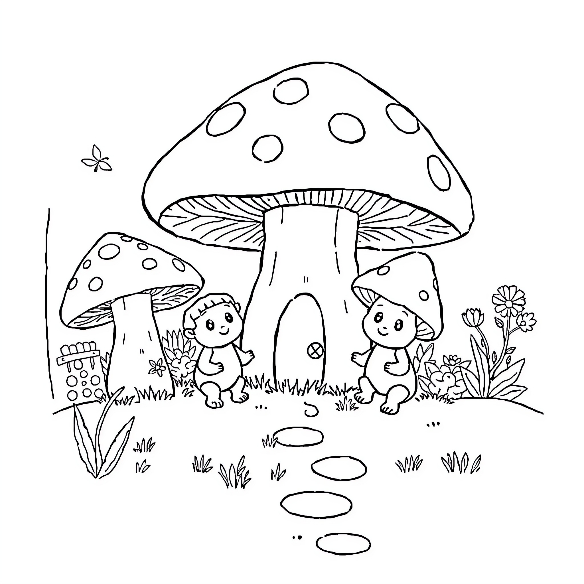 Smurfs enjoying a day in the mushroom forest Coloring Page (free black-and-white line drawing printable PDF for all, from beginners to advanced learners, including children, teens, adults, and seniors)