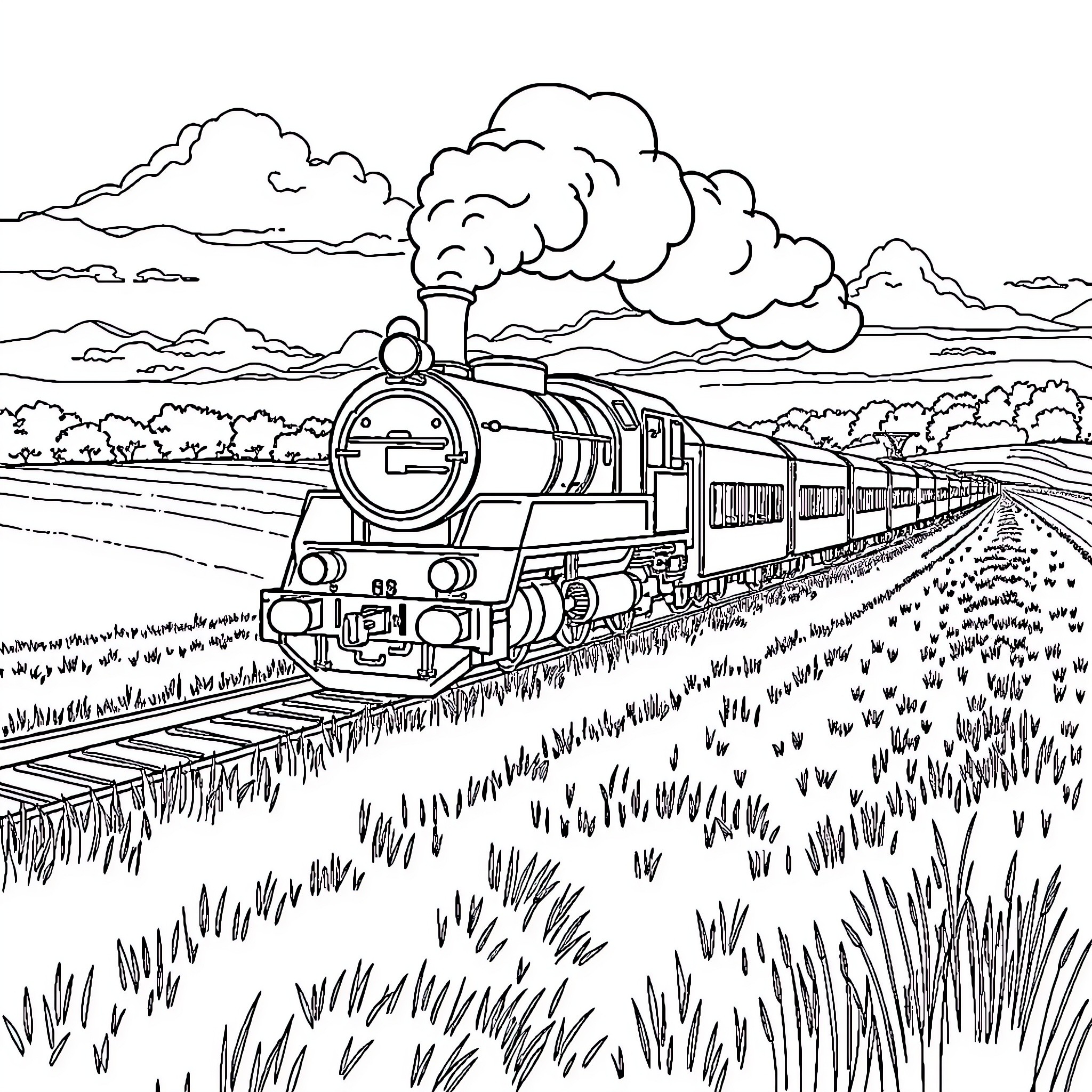 Train Transporting Passengers Through Scenic Countryside Coloring Page (free black-and-white line drawing printable PDF for all, from beginners to advanced learners, including children, teens, adults, and seniors)
