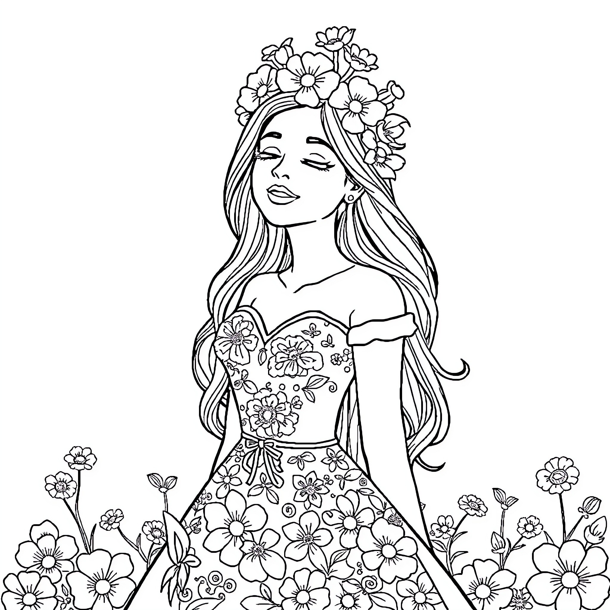 Miss dreaming amidst flower blossoms Coloring Page (free black-and-white line drawing printable PDF for all, from beginners to advanced learners, including children, teens, adults, and seniors)
