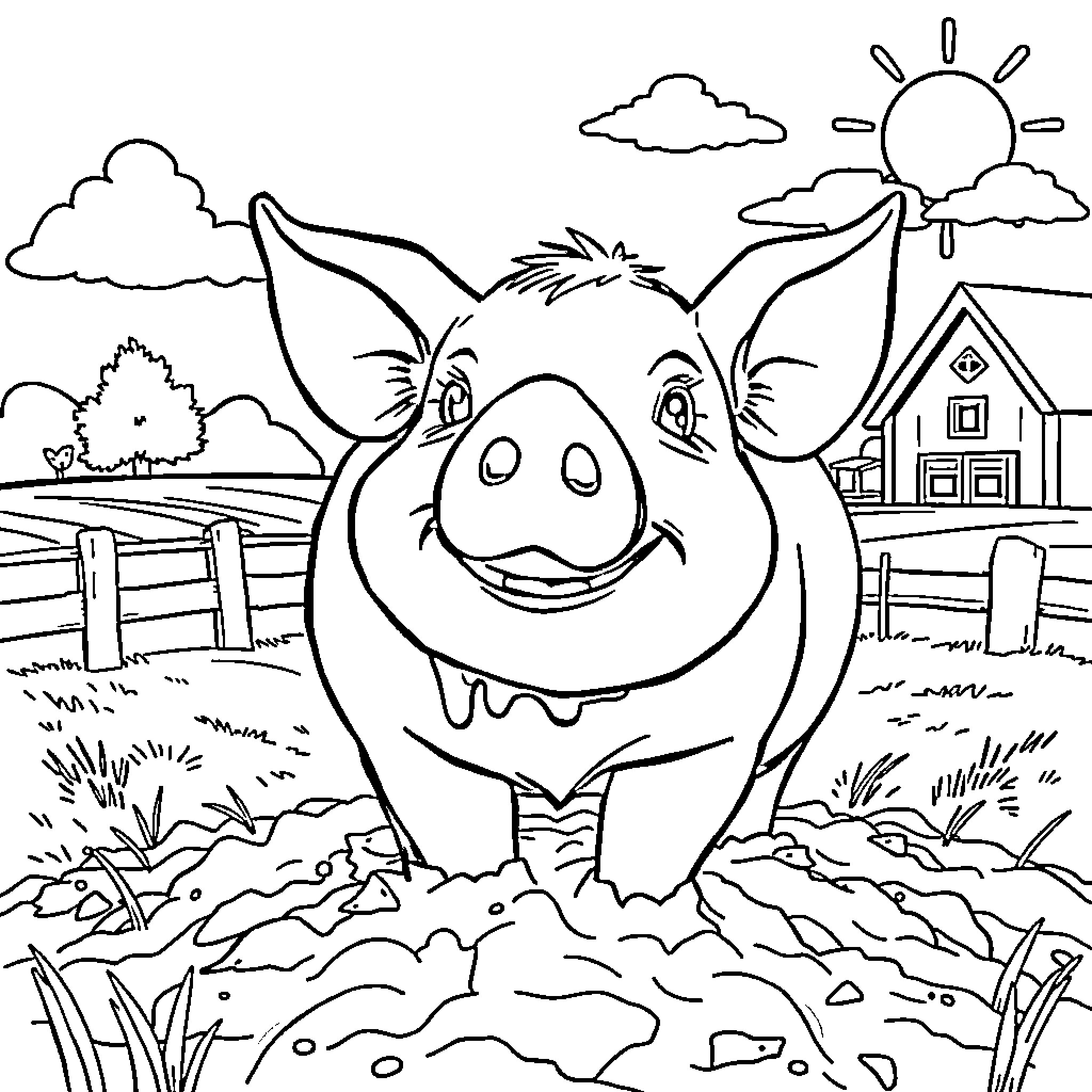 Pig Enjoying the Countryside Scenery Coloring Page (free black-and-white line drawing printable PDF for all, from beginners to advanced learners, including children, teens, adults, and seniors)
