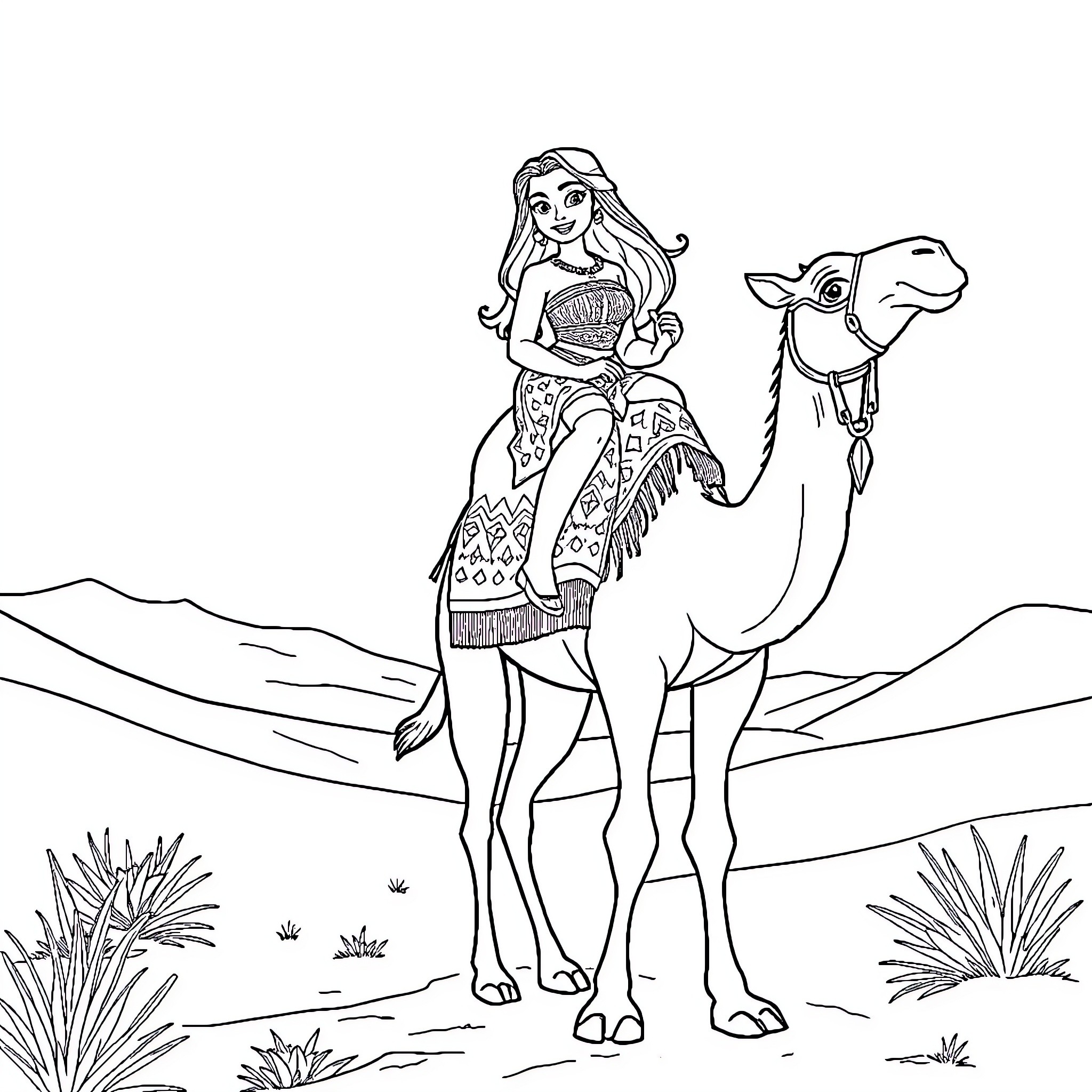 Moana riding a camel through the desert Coloring Page (free black-and-white line drawing printable PDF for all, from beginners to advanced learners, including children, teens, adults, and seniors)
