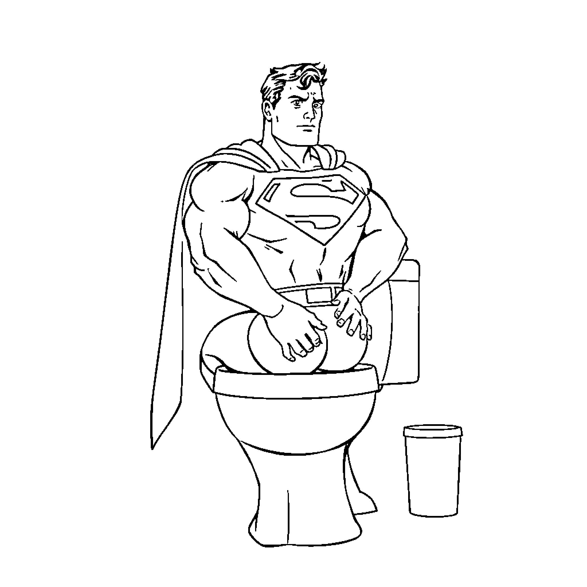 Superman Sitting on the Toilet Coloring Page (free black-and-white line drawing printable PDF for all, from beginners to advanced learners, including children, teens, adults, and seniors)