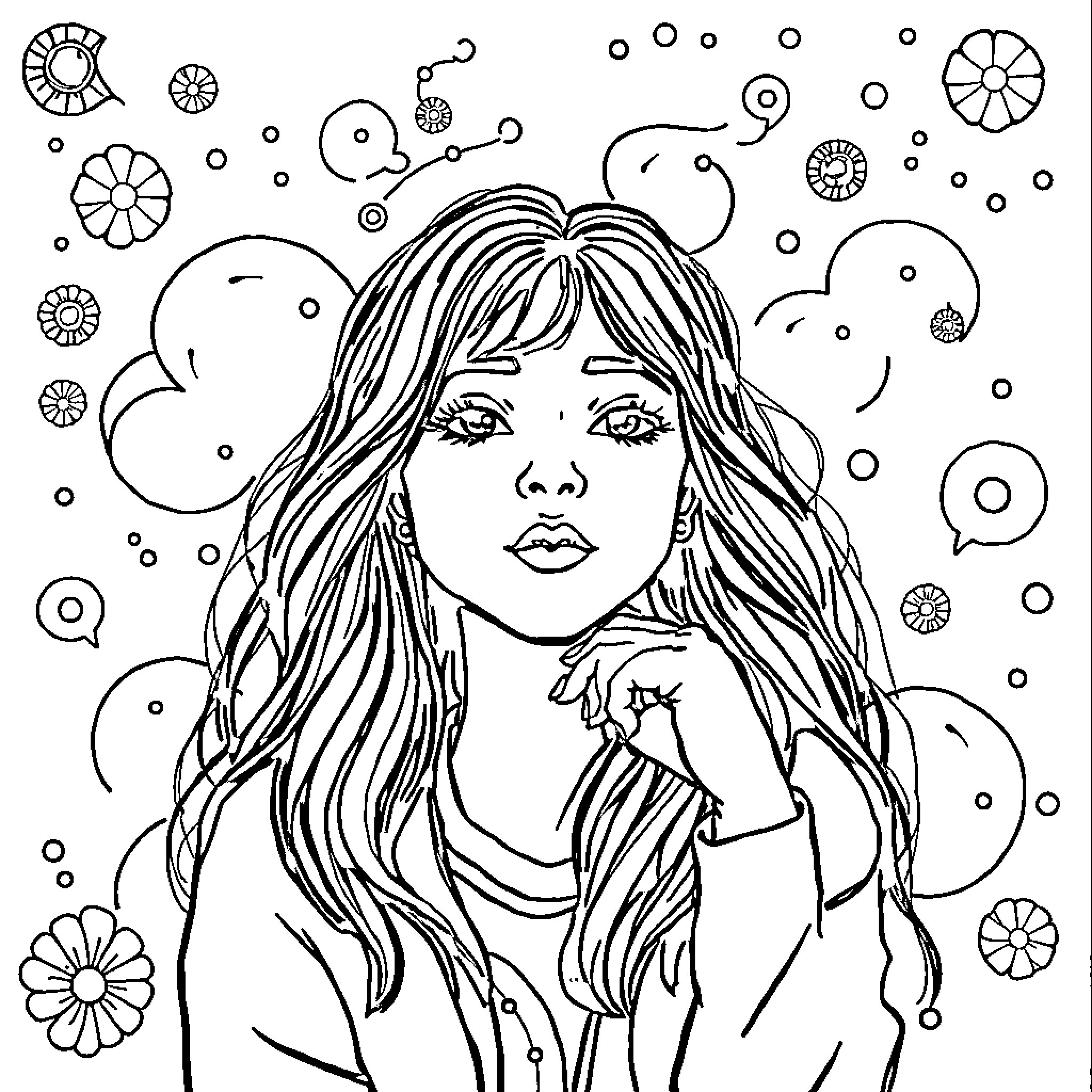 Brain of a dreaming girl surrounded by psychedelic shapes Coloring Page (free black-and-white line drawing printable PDF for all, from beginners to advanced learners, including children, teens, adults, and seniors)