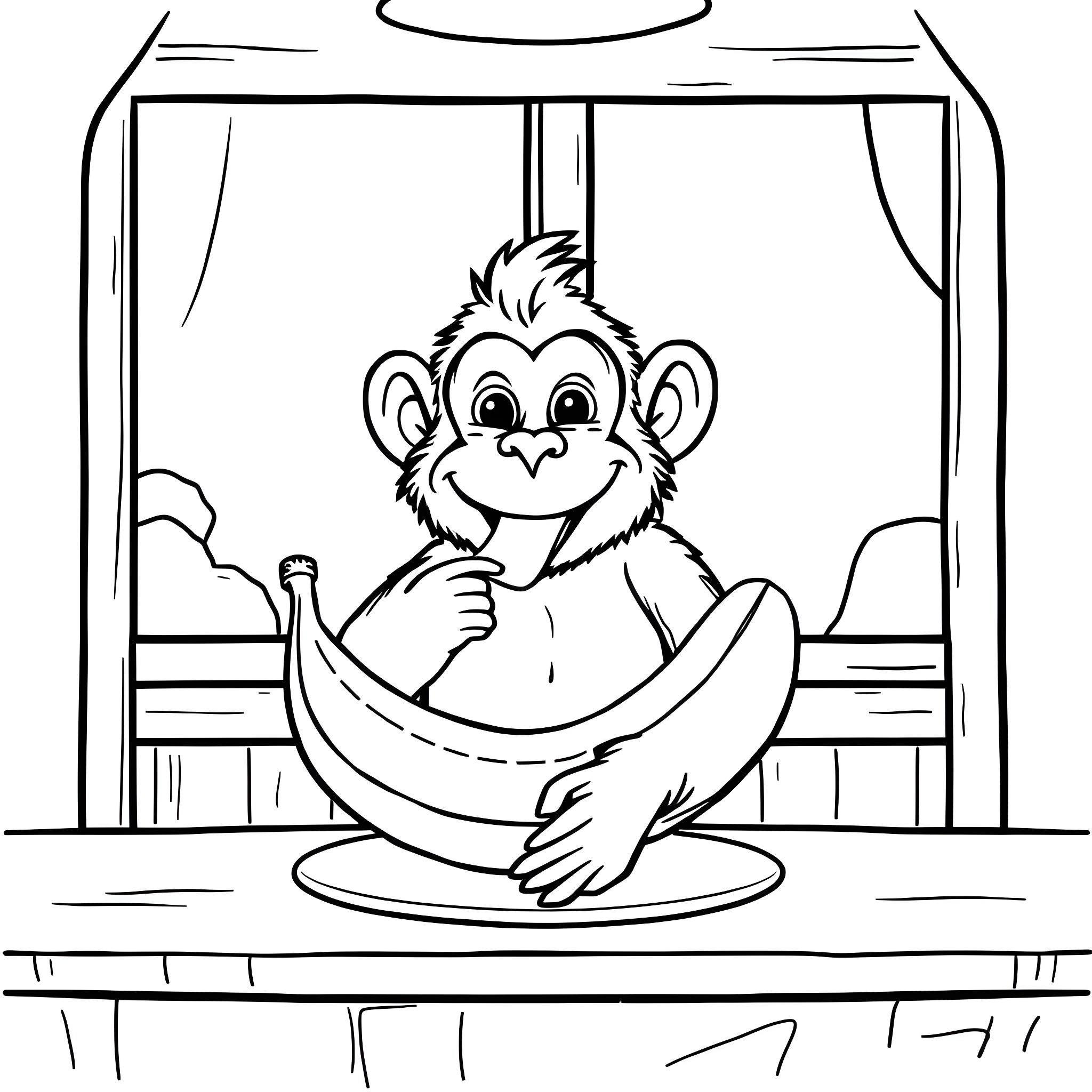 Banana monkey happily swinging in a hammock Coloring Page (free black-and-white line drawing printable PDF for all, from beginners to advanced learners, including children, teens, adults, and seniors)