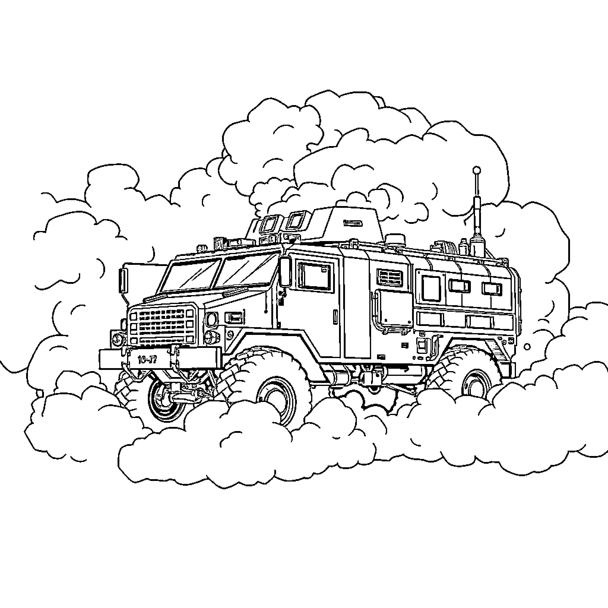 Grim Reaper's Armored Vehicle of Destruction Coloring Page (free black-and-white line drawing printable PDF for all, from beginners to advanced learners, including children, teens, adults, and seniors)