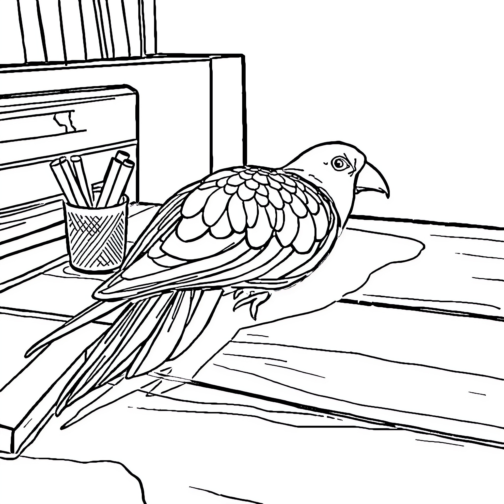 Pencil sketch of parrot perched on desk Coloring Page (free black-and-white line drawing printable PDF for all, from beginners to advanced learners, including children, teens, adults, and seniors)