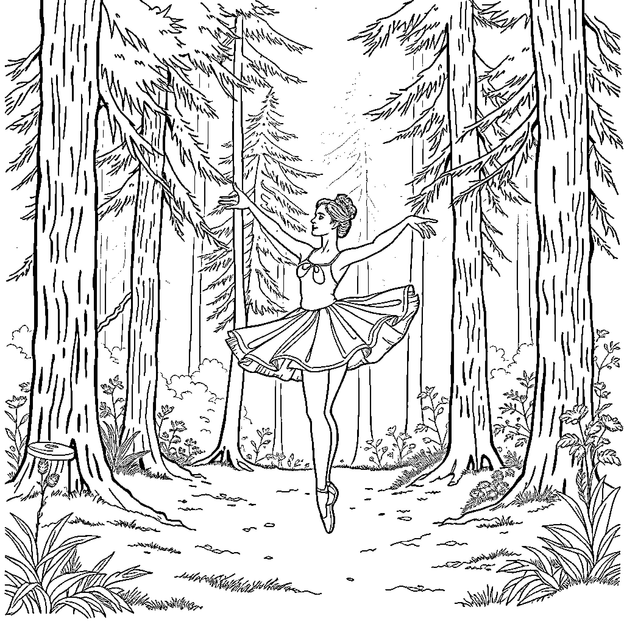 Ballerina performing graceful dance in enchanted forest Coloring Page (free black-and-white line drawing printable PDF for all, from beginners to advanced learners, including children, teens, adults, and seniors)