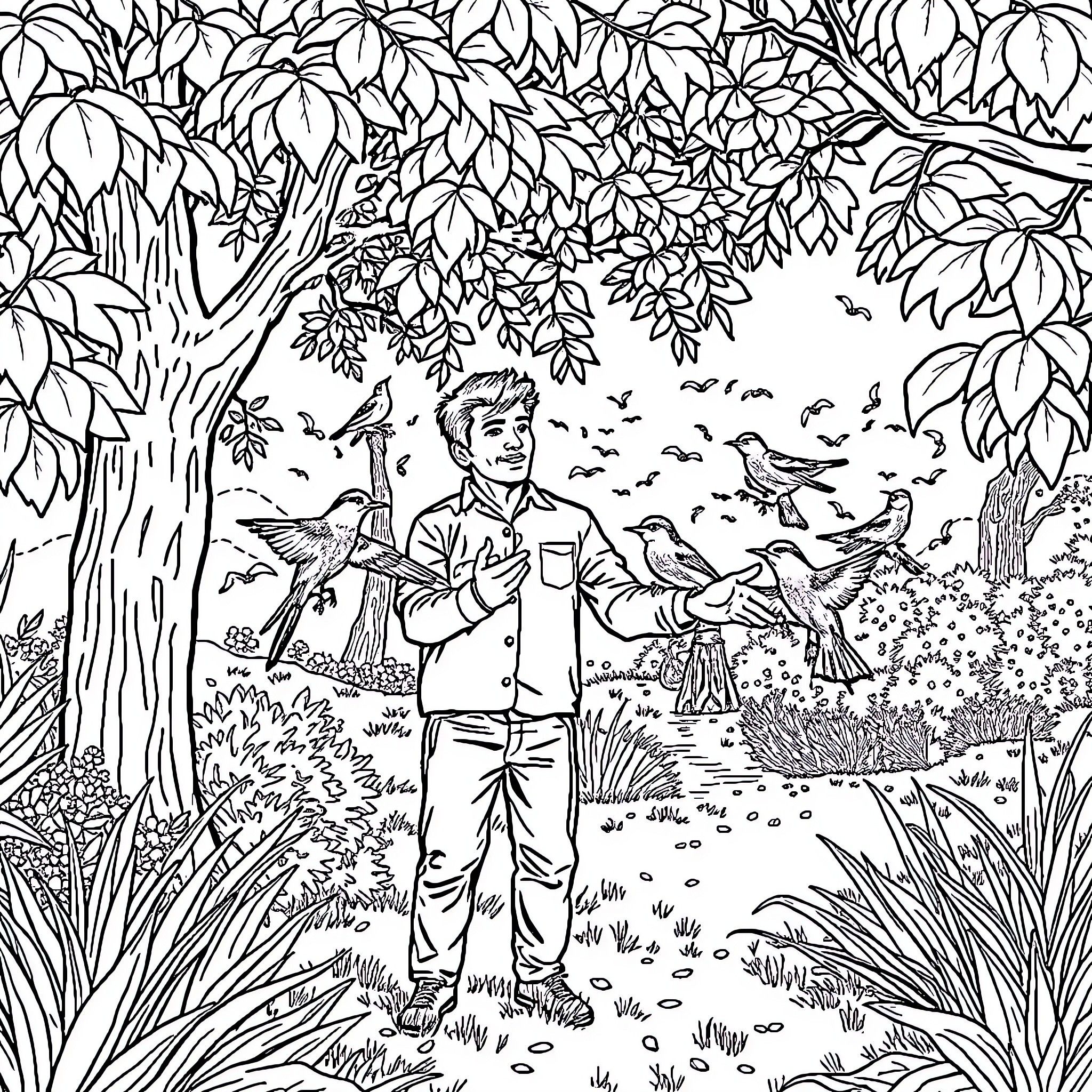 Man surrounded by nature and wildlife Coloring Page (free black-and-white line drawing printable PDF for all, from beginners to advanced learners, including children, teens, adults, and seniors)