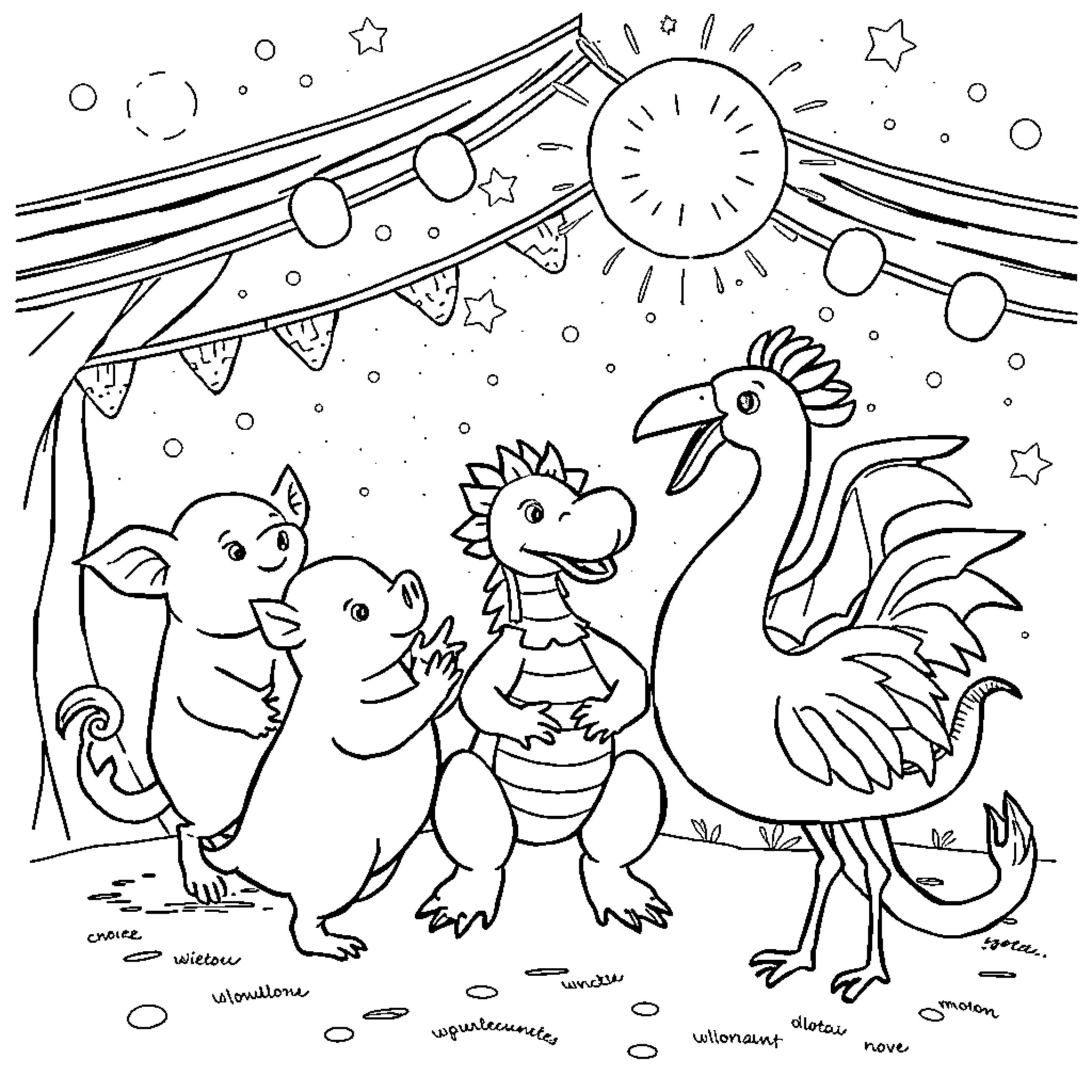 Animal characters playing in a magical night scene Coloring Page (free black-and-white line drawing printable PDF for all, from beginners to advanced learners, including children, teens, adults, and seniors)