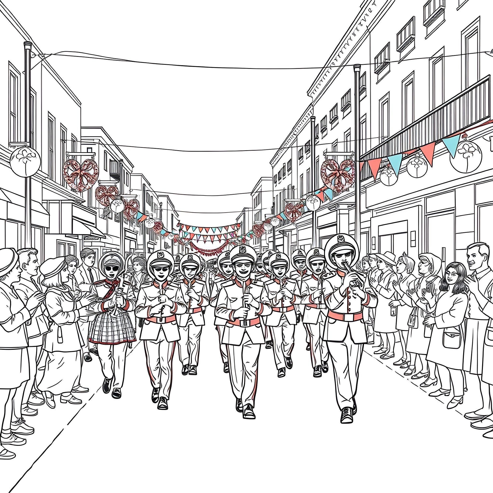 Band marching through decorated city street Coloring Page (free black-and-white line drawing printable PDF for all, from beginners to advanced learners, including children, teens, adults, and seniors)