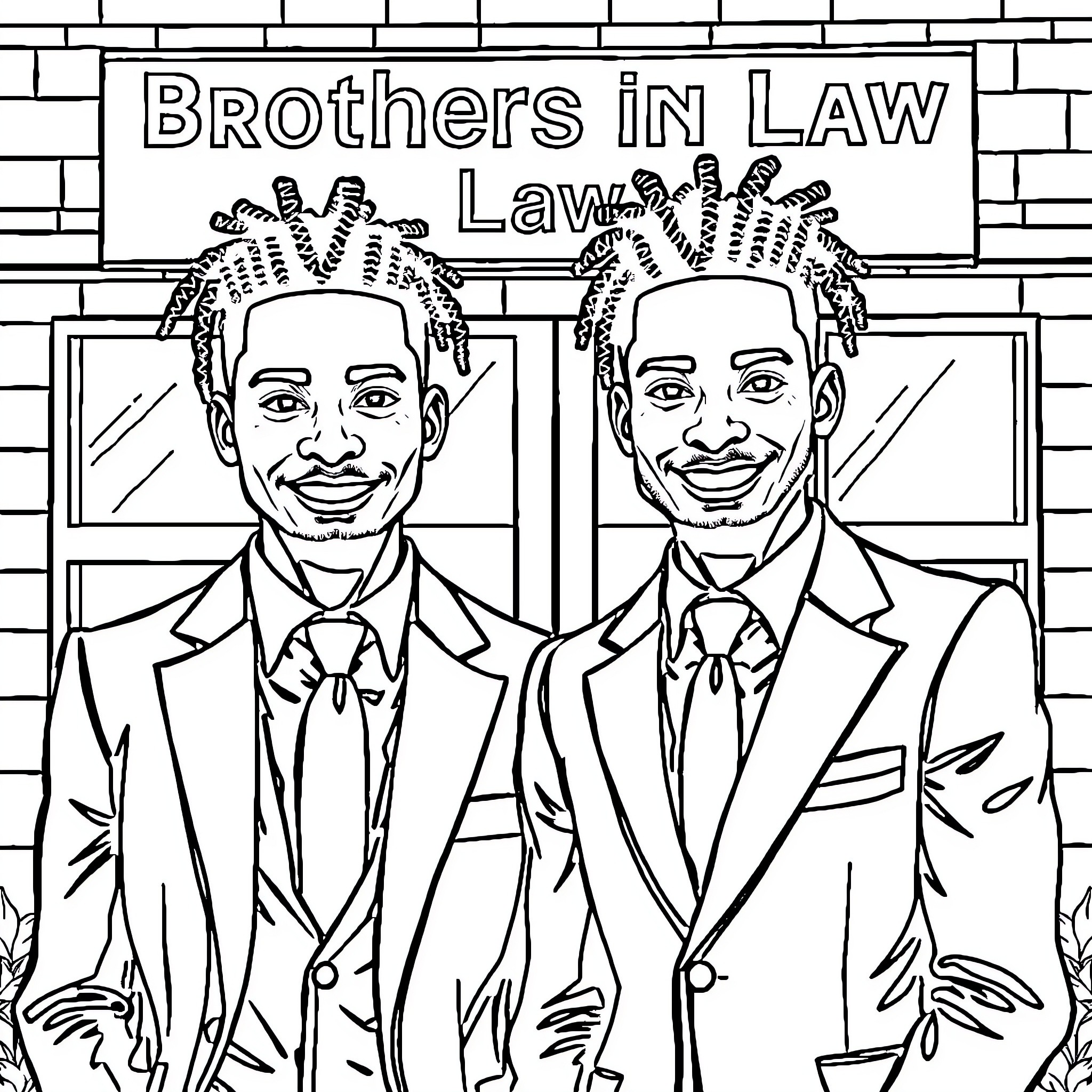 Men in formal attire standing at law office Coloring Page (free black-and-white line drawing printable PDF for all, from beginners to advanced learners, including children, teens, adults, and seniors)
