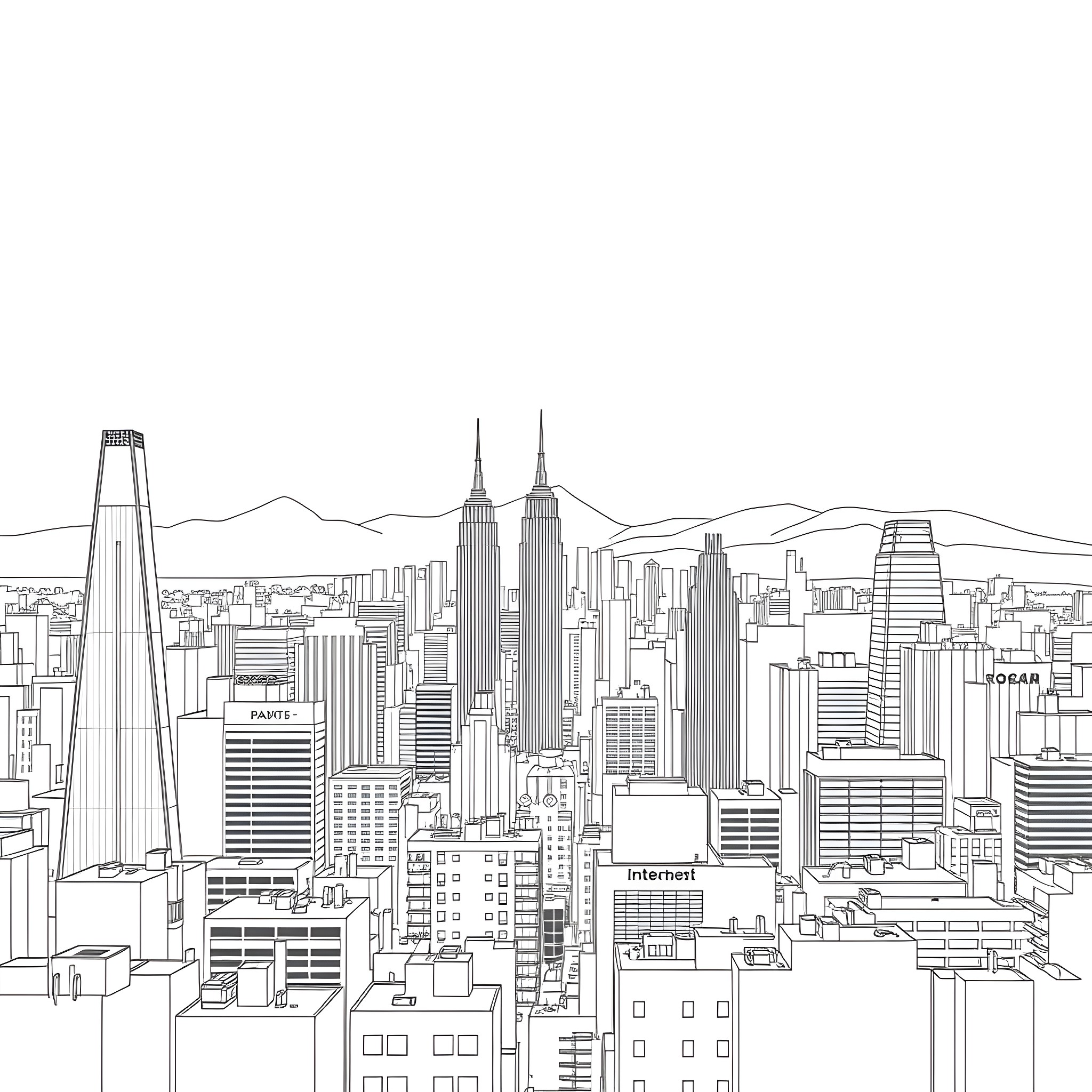 City Skyline with Skyscrapers and Mountains Coloring Page (free black-and-white line drawing printable PDF for all, from beginners to advanced learners, including children, teens, adults, and seniors)