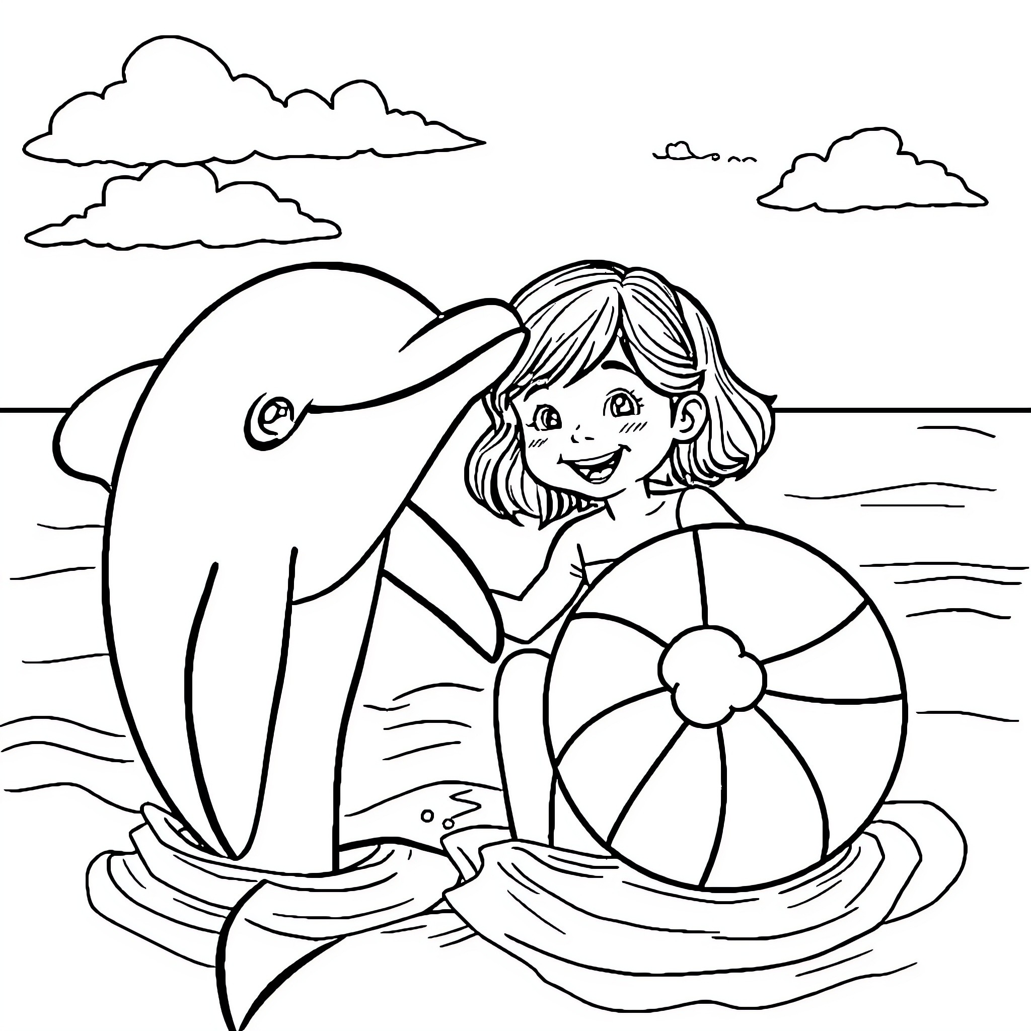 Girl playing with dolphin and beach ball Coloring Page (free black-and-white line drawing printable PDF for all, from beginners to advanced learners, including children, teens, adults, and seniors)