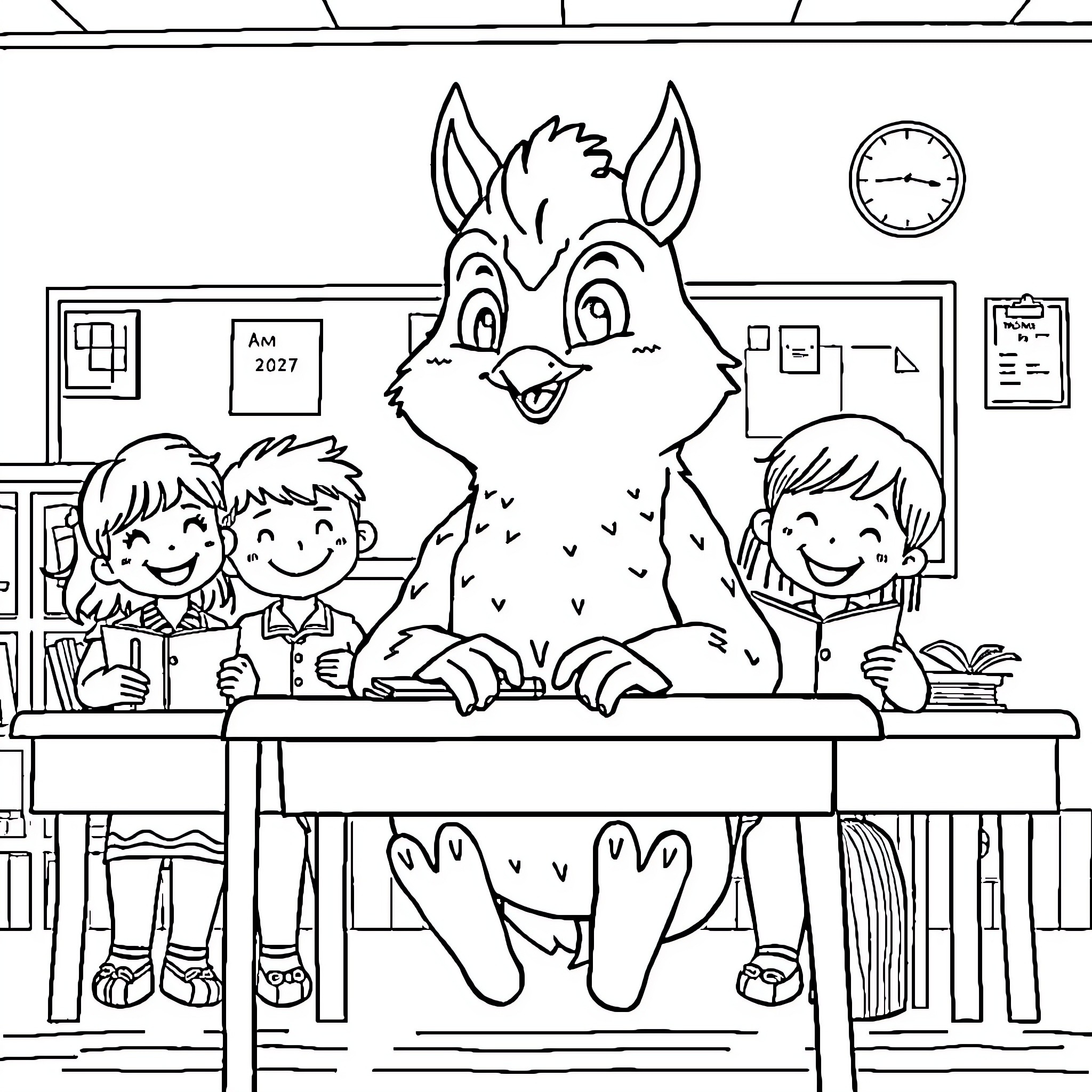 P'TIT LOUP meets cheerful students in the classroom Coloring Page (free black-and-white line drawing printable PDF for all, from beginners to advanced learners, including children, teens, adults, and seniors)