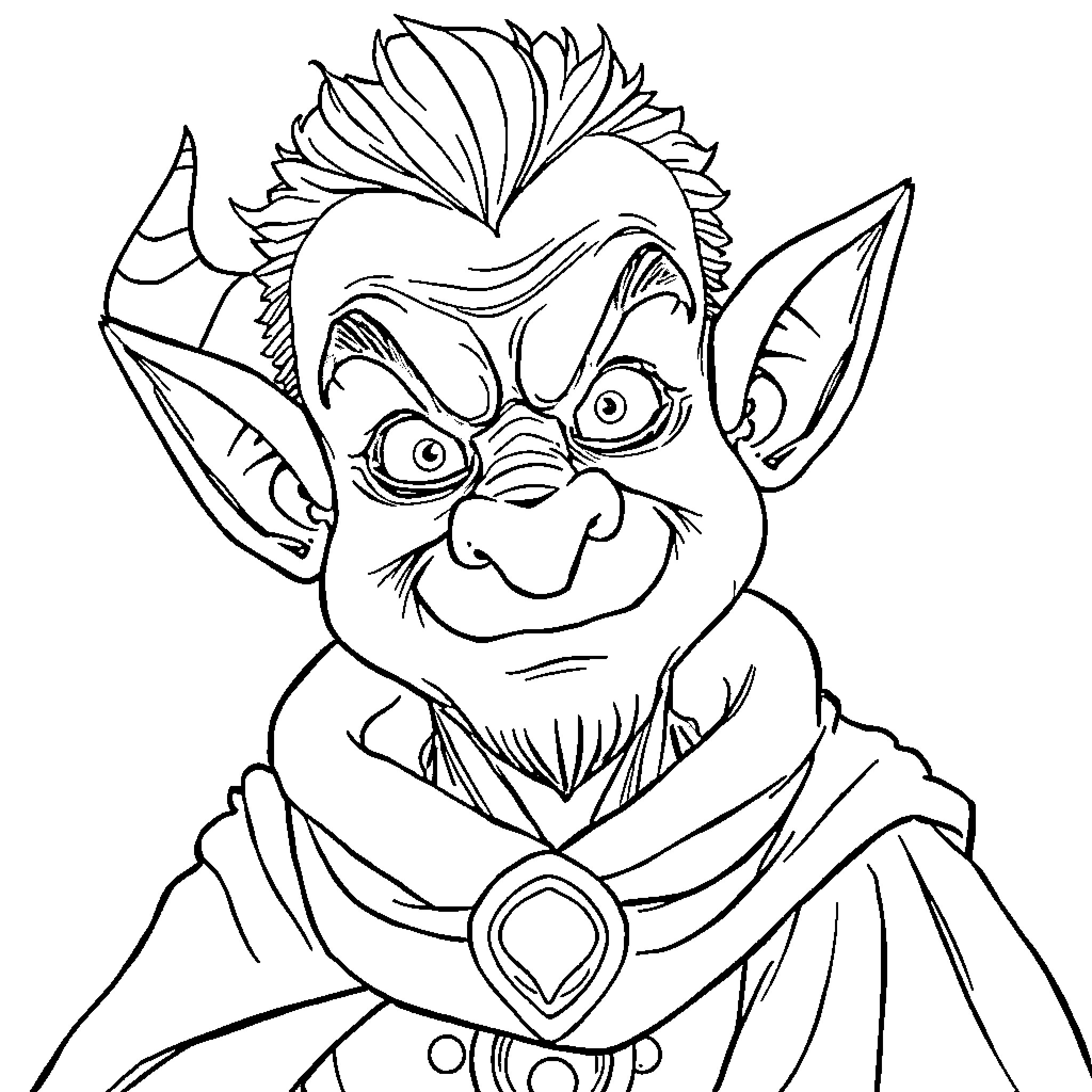 Vilain Troll with Exaggerated Features and Costume Coloring Page (free black-and-white line drawing printable PDF for all, from beginners to advanced learners, including children, teens, adults, and seniors)