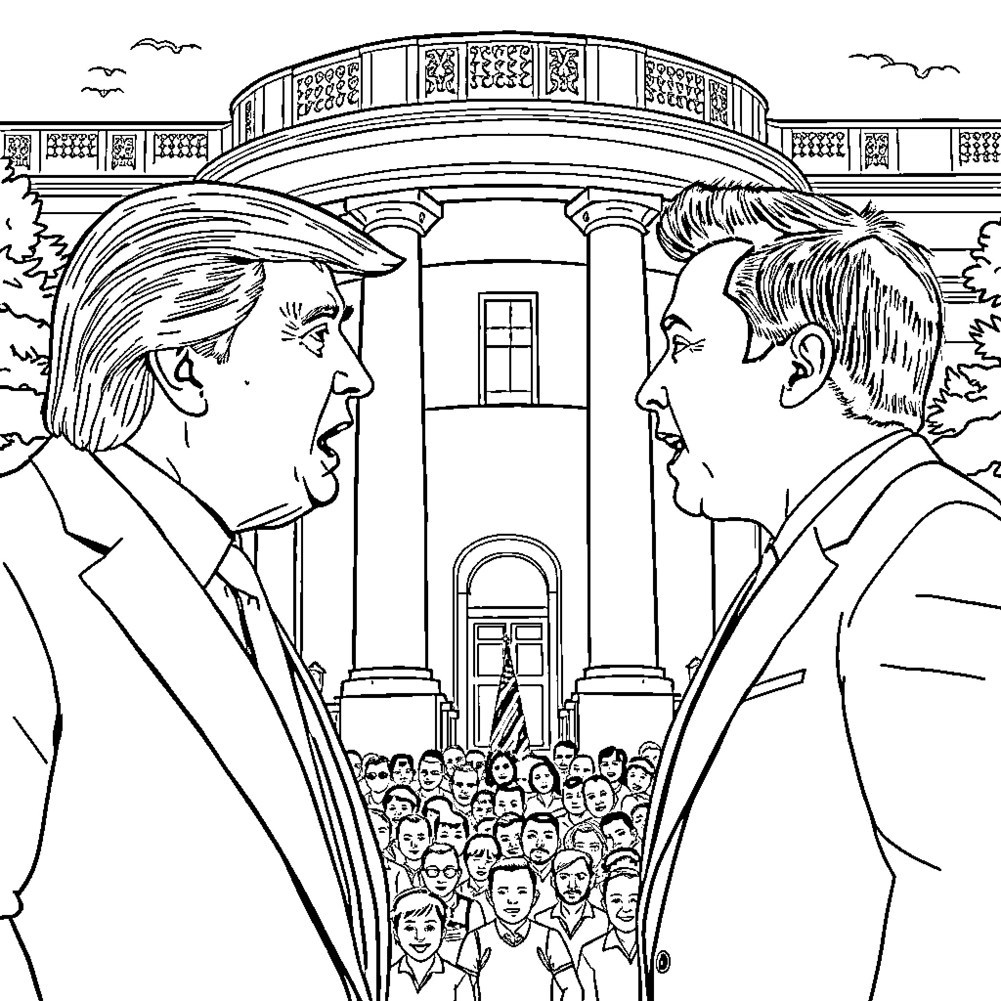 Trump's Confrontation with a Rival Politician Coloring Page (free black-and-white line drawing printable PDF for all, from beginners to advanced learners, including children, teens, adults, and seniors)