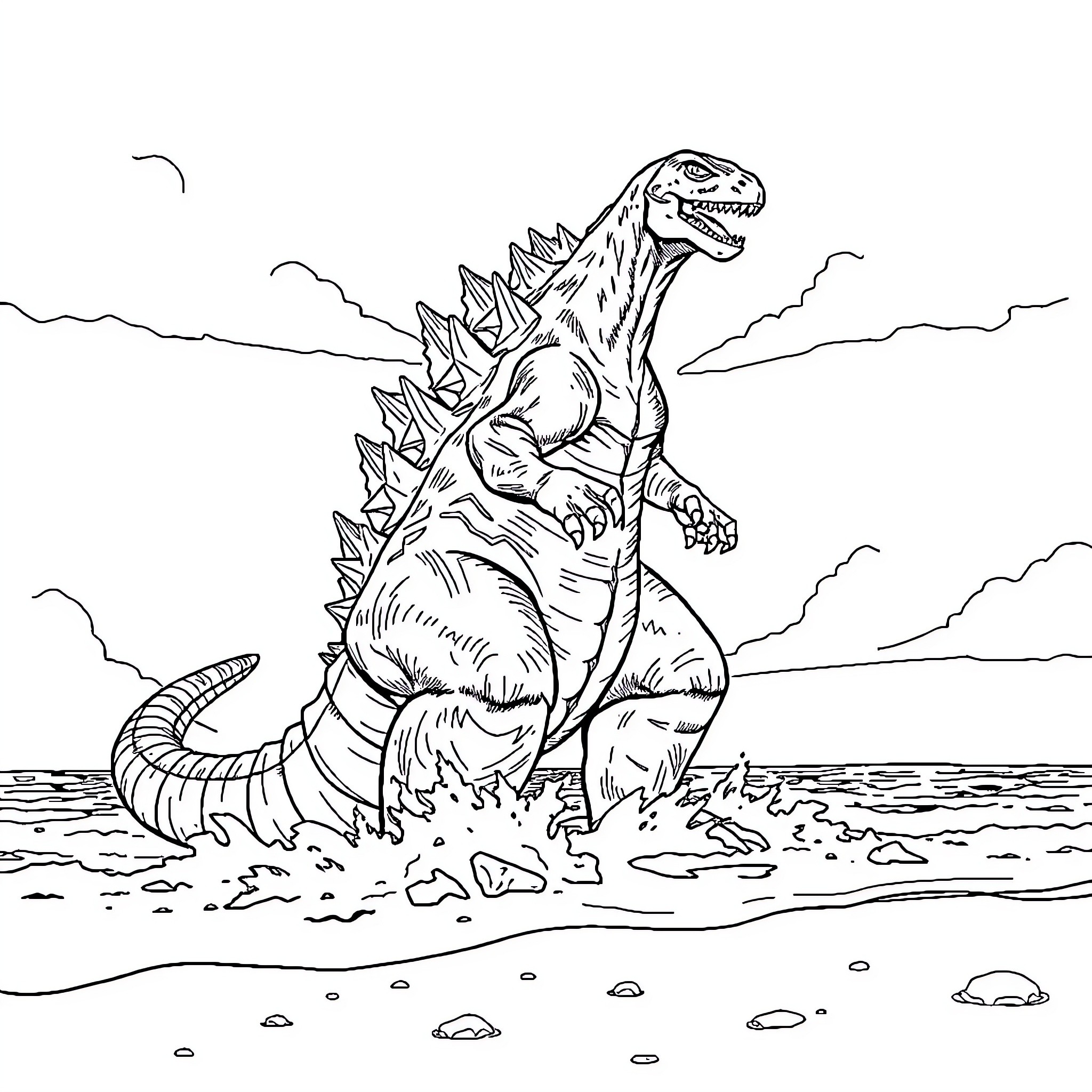 Godzilla Stomping Through a Rugged Landscape Coloring Page (free black-and-white line drawing printable PDF for all, from beginners to advanced learners, including children, teens, adults, and seniors)