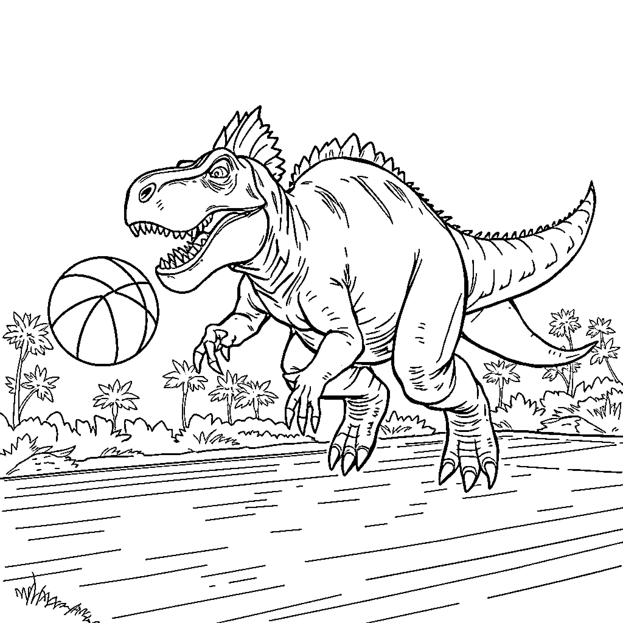 Tyrannosaurus playing with a ball in the wild Coloring Page (free black-and-white line drawing printable PDF for all, from beginners to advanced learners, including children, teens, adults, and seniors)