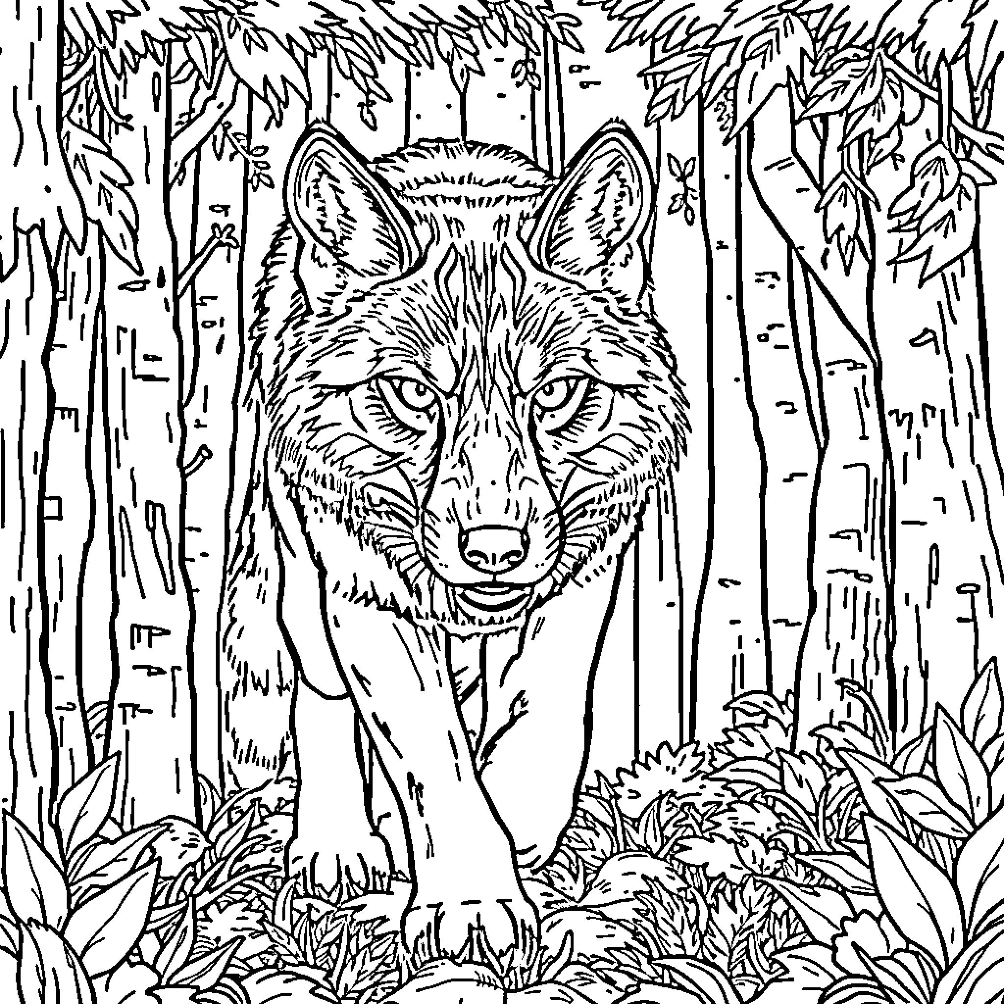 Wolf stalking through the forest undergrowth Coloring Page (free black-and-white line drawing printable PDF for all, from beginners to advanced learners, including children, teens, adults, and seniors)