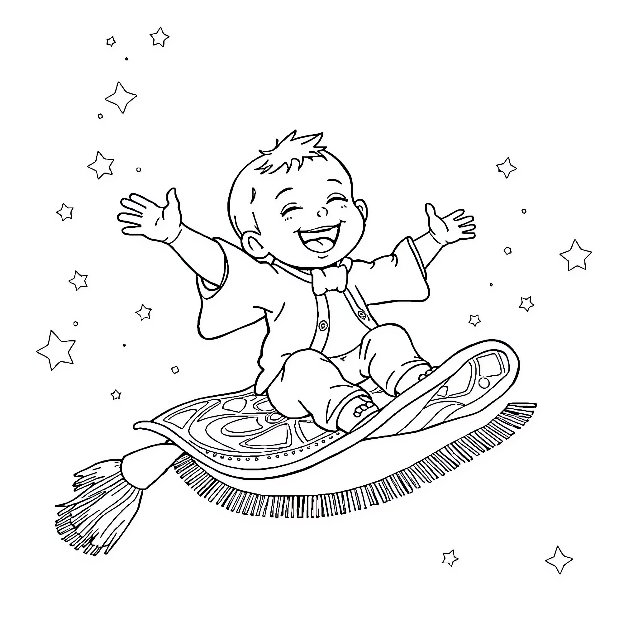 Baby Boy Joyfully Riding Magic Carpet through Starry Sky Coloring Page (free black-and-white line drawing printable PDF for all, from beginners to advanced learners, including children, teens, adults, and seniors)