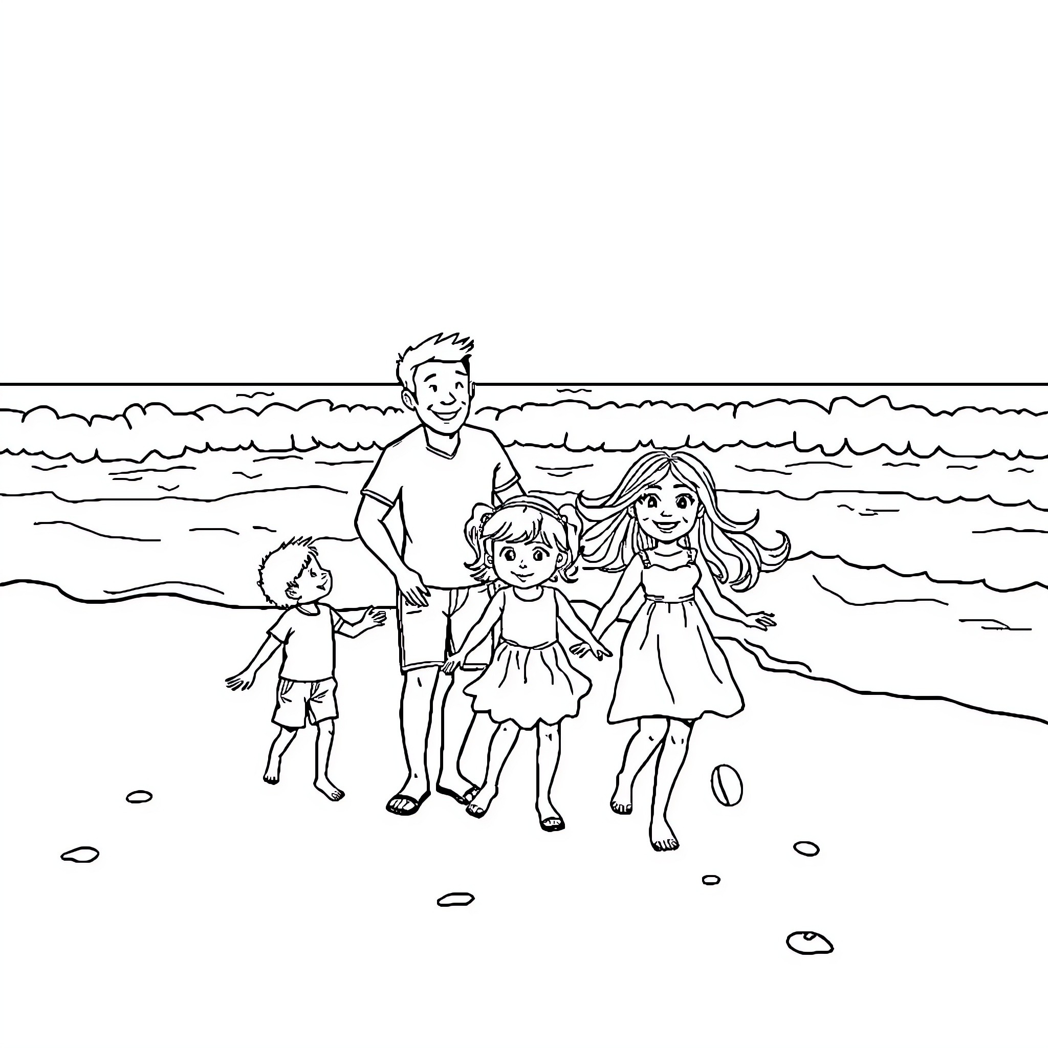 Family enjoying a day at the beach Coloring Page (free black-and-white line drawing printable PDF for all, from beginners to advanced learners, including children, teens, adults, and seniors)