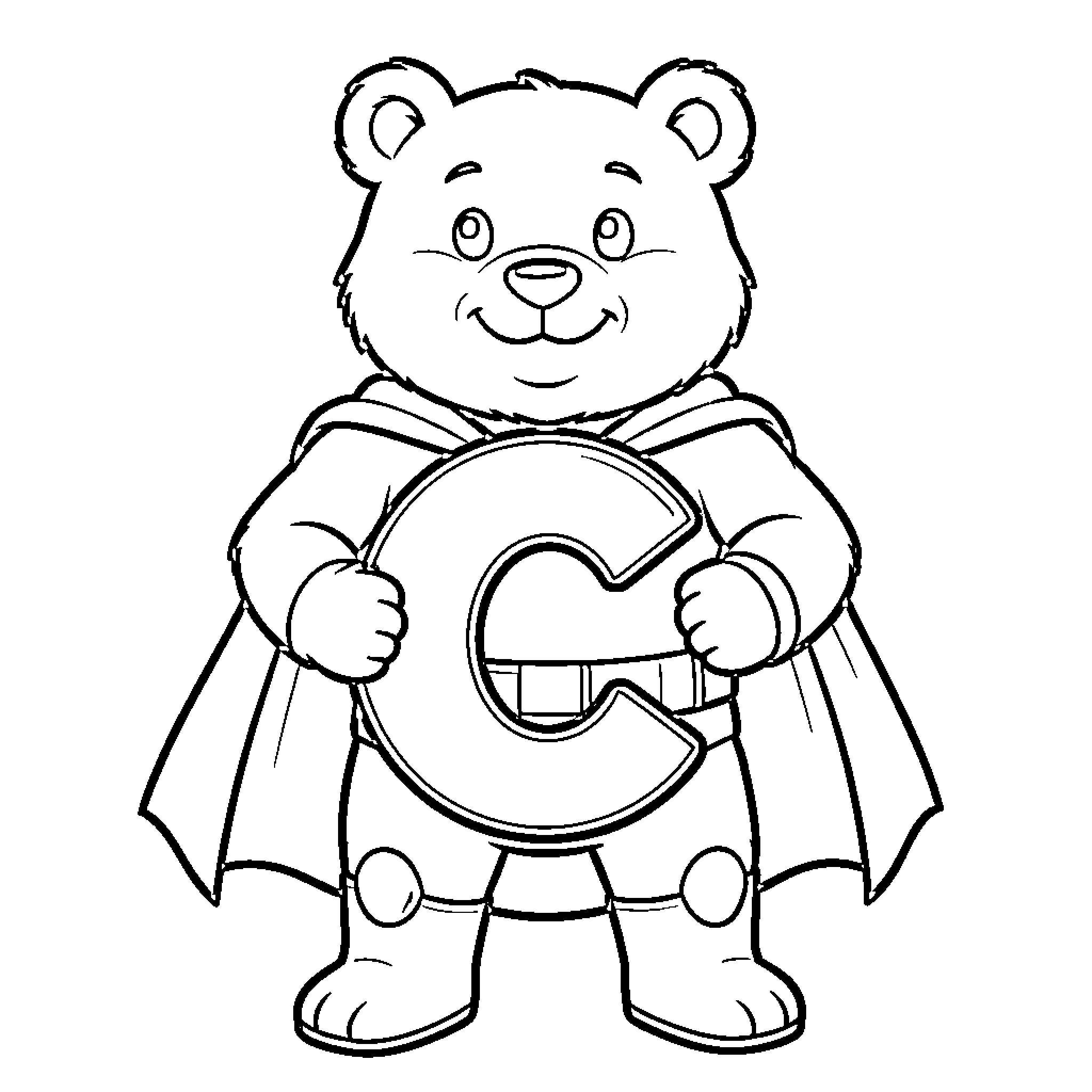 Bear superhero holding letter C Coloring Page (free black-and-white line drawing printable PDF for all, from beginners to advanced learners, including children, teens, adults, and seniors)