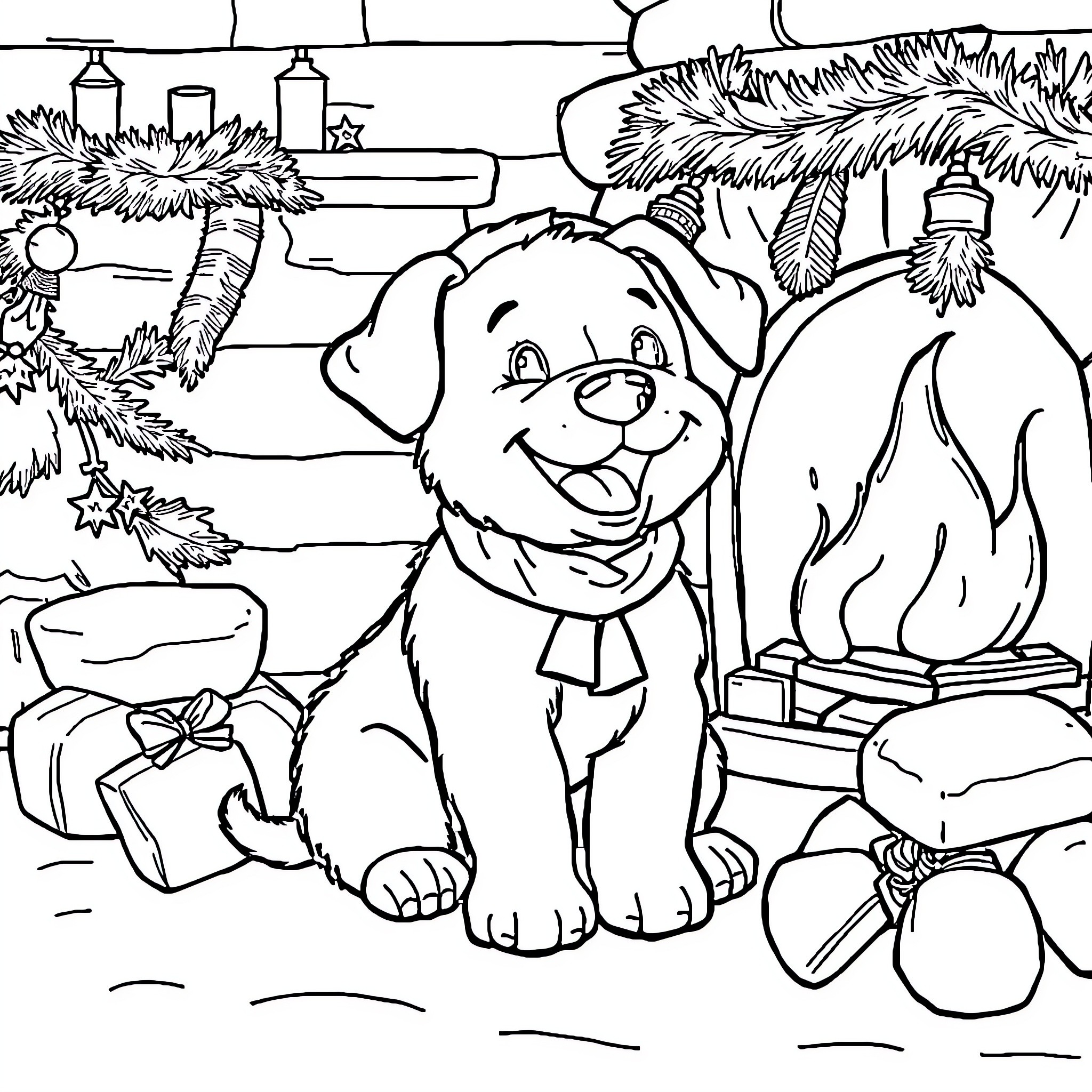 Puppy celebrating Christmas in a festive scene Coloring Page (free black-and-white line drawing printable PDF for all, from beginners to advanced learners, including children, teens, adults, and seniors)