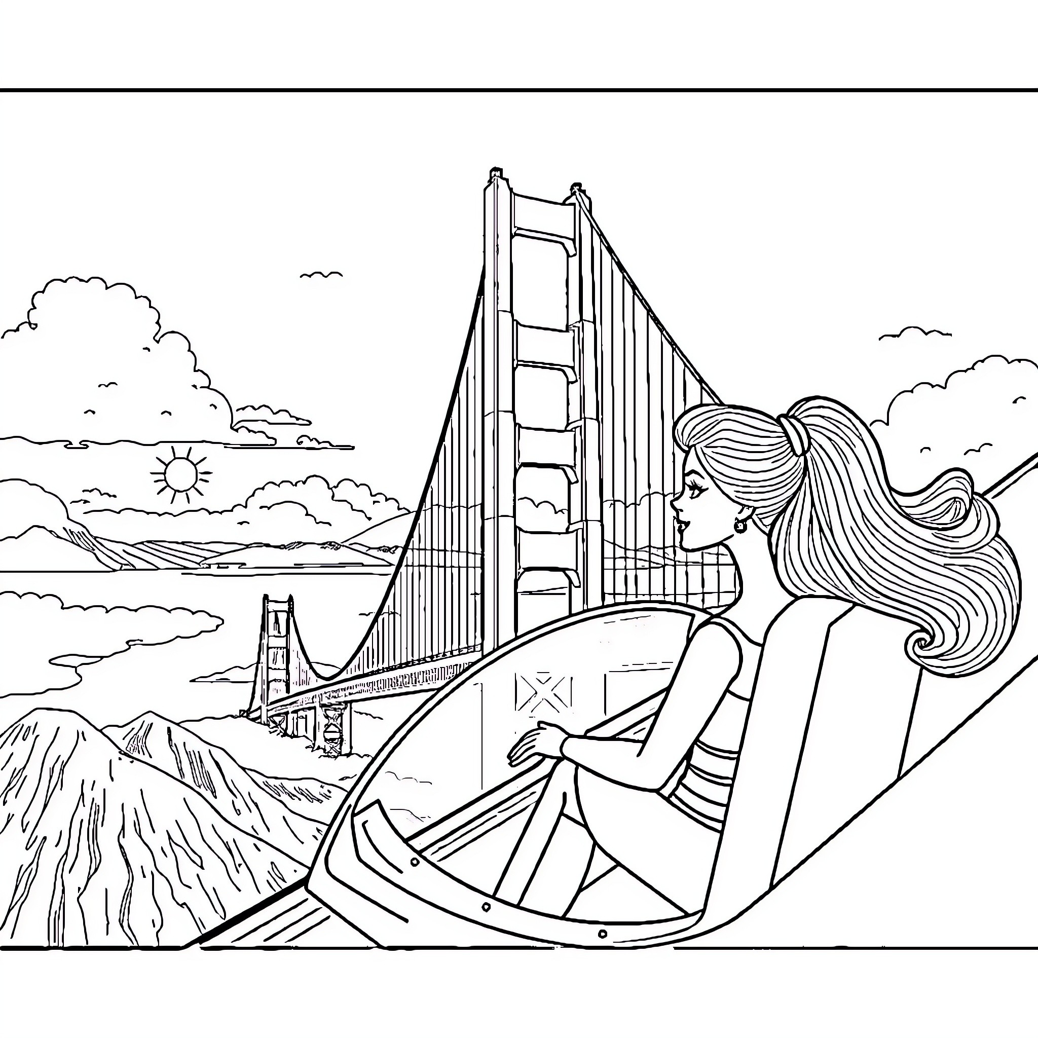 Barbie relaxing on the sailboat with the Golden Gate Bridge Coloring Page (free black-and-white line drawing printable PDF for all, from beginners to advanced learners, including children, teens, adults, and seniors)