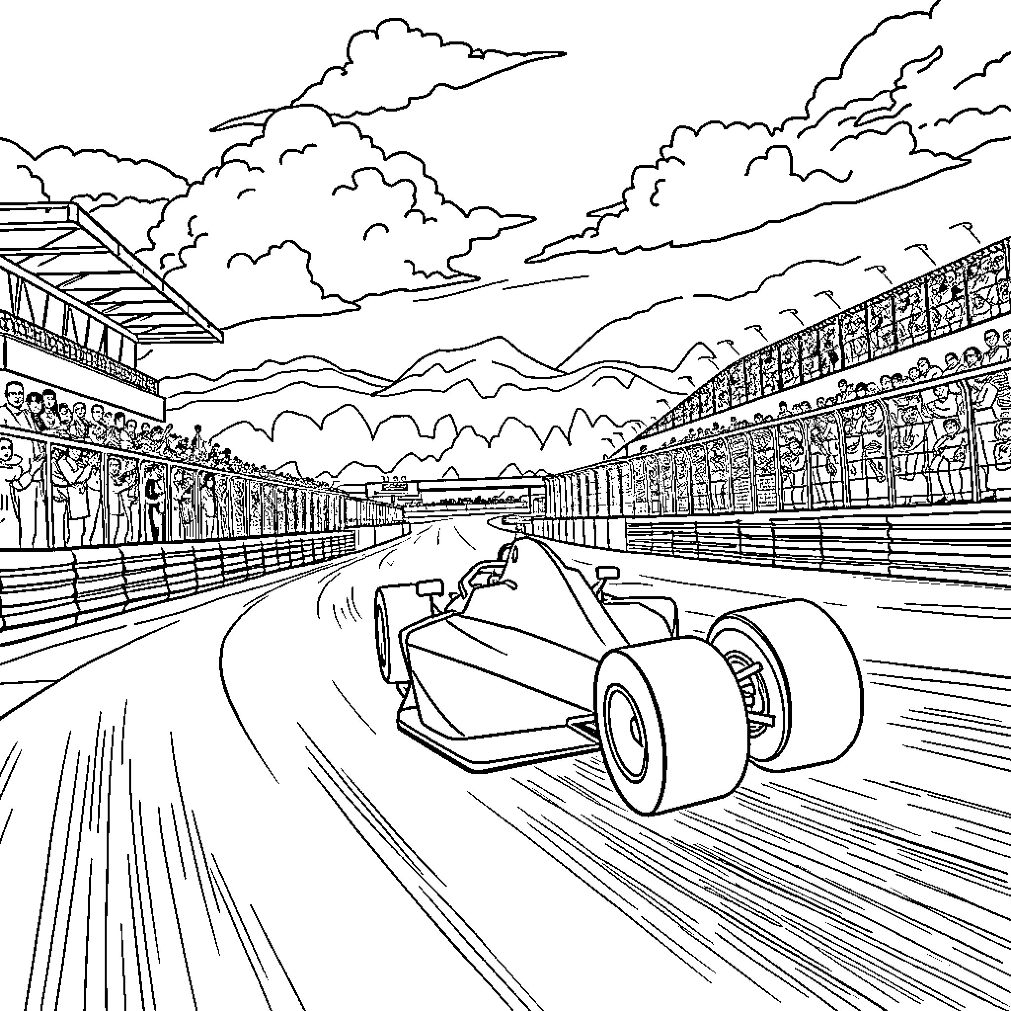 F1 Car racing on the track with spectators Coloring Page (free black-and-white line drawing printable PDF for all, from beginners to advanced learners, including children, teens, adults, and seniors)