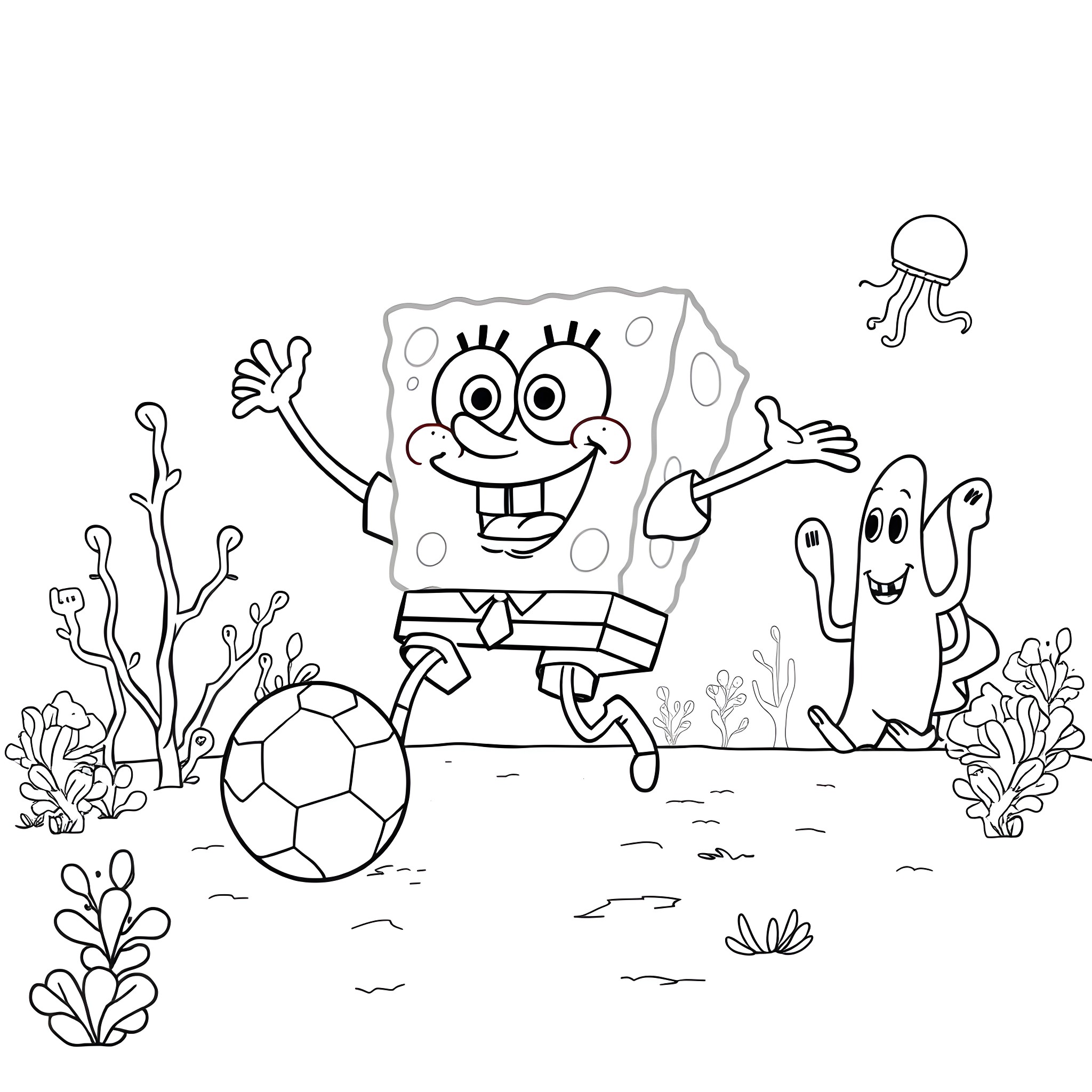 Spongebob playing with a soccer ball in the ocean Coloring Page (free black-and-white line drawing printable PDF for all, from beginners to advanced learners, including children, teens, adults, and seniors)