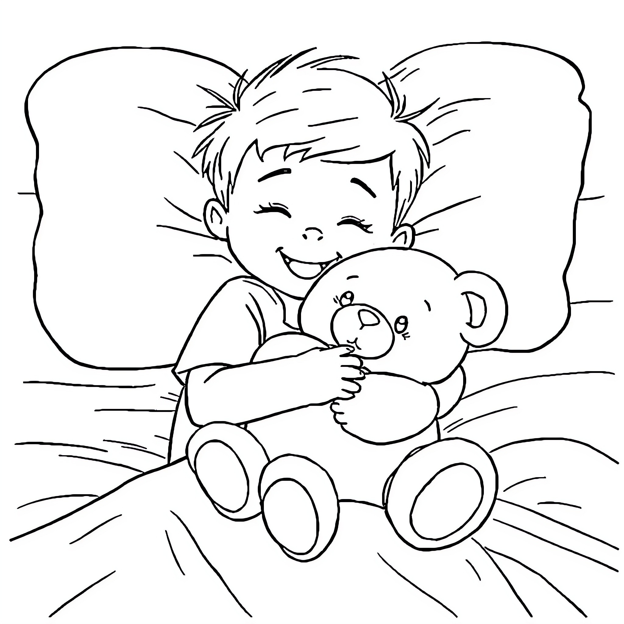Kid cuddling stuffed animal happily in bed Coloring Page (free black-and-white line drawing printable PDF for all, from beginners to advanced learners, including children, teens, adults, and seniors)