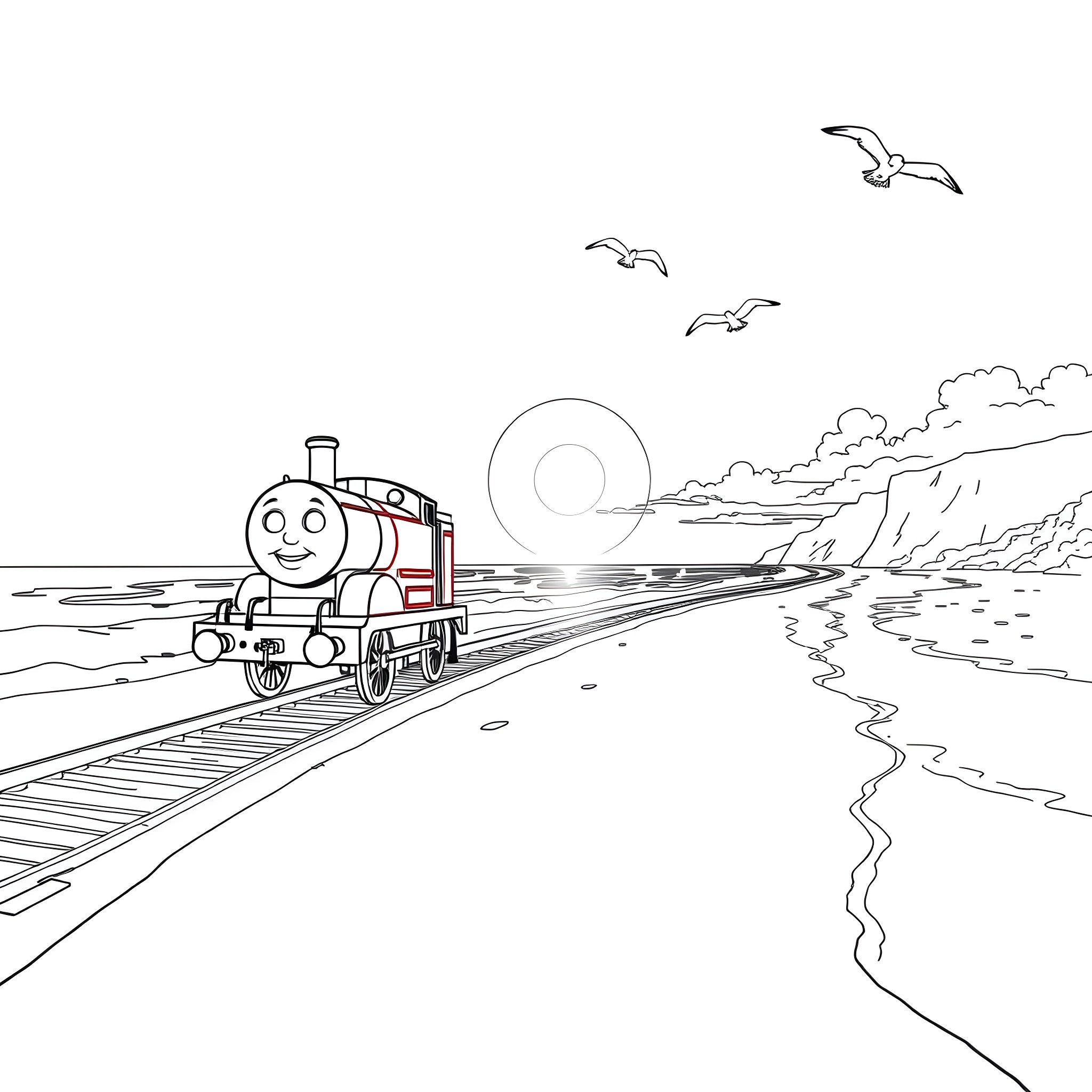 Thomas the Tank Engine Chugging Down the Tracks Coloring Page (free black-and-white line drawing printable PDF for all, from beginners to advanced learners, including children, teens, adults, and seniors)