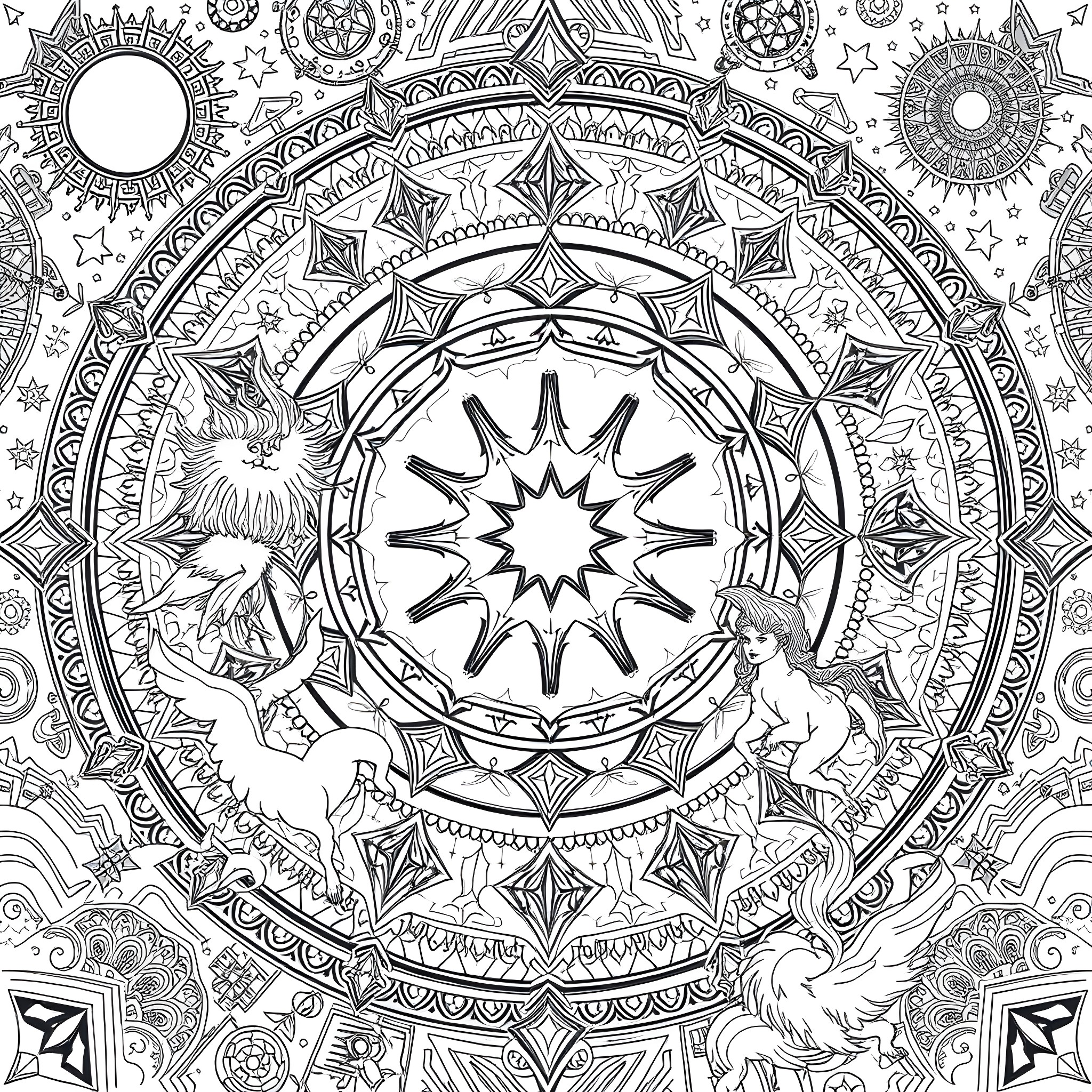 Zodiac Mandala with Mystical Symbols and Celestial Elements Coloring Page (free black-and-white line drawing printable PDF for all, from beginners to advanced learners, including children, teens, adults, and seniors)