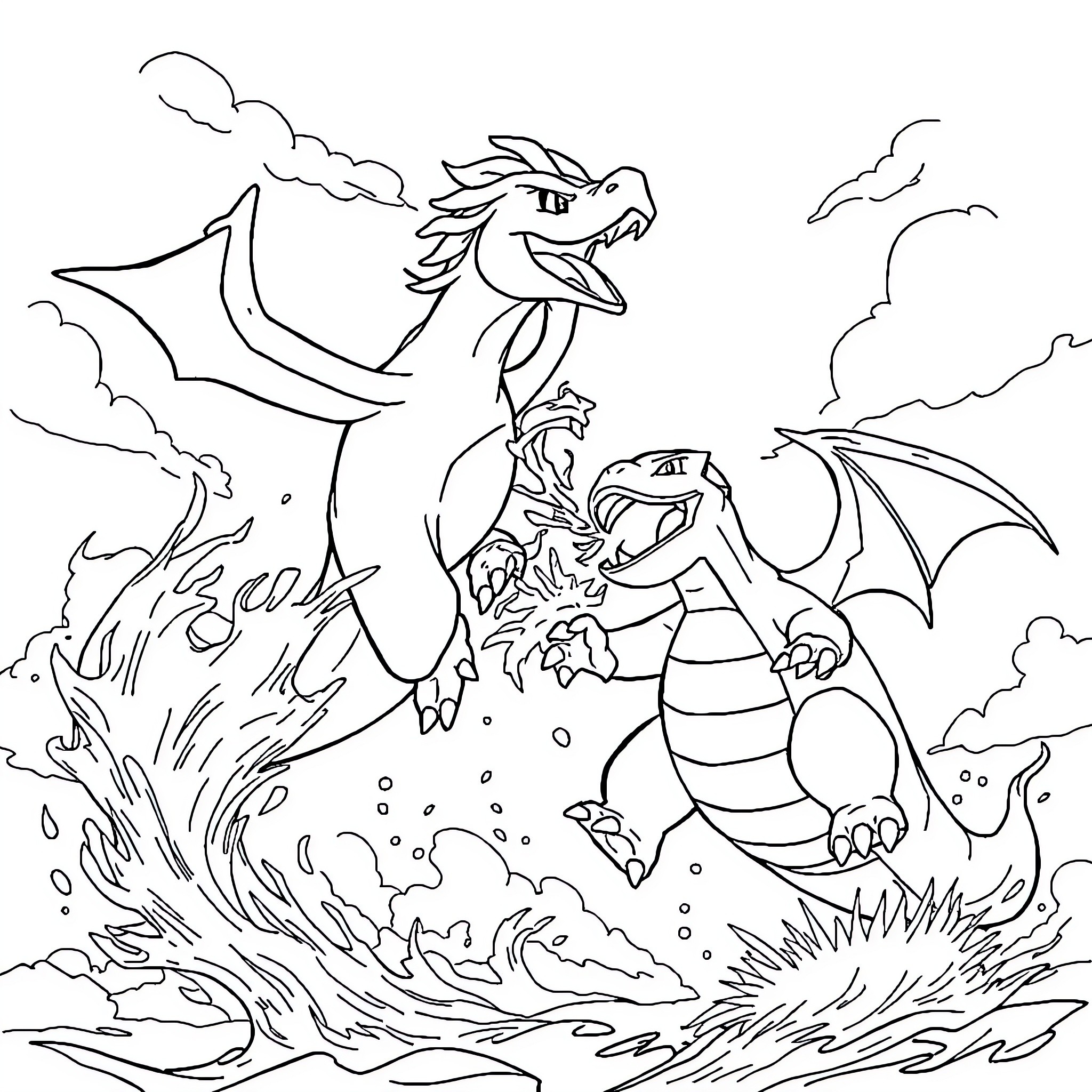 Charizard engaged in a fierce battle Coloring Page (free black-and-white line drawing printable PDF for all, from beginners to advanced learners, including children, teens, adults, and seniors)
