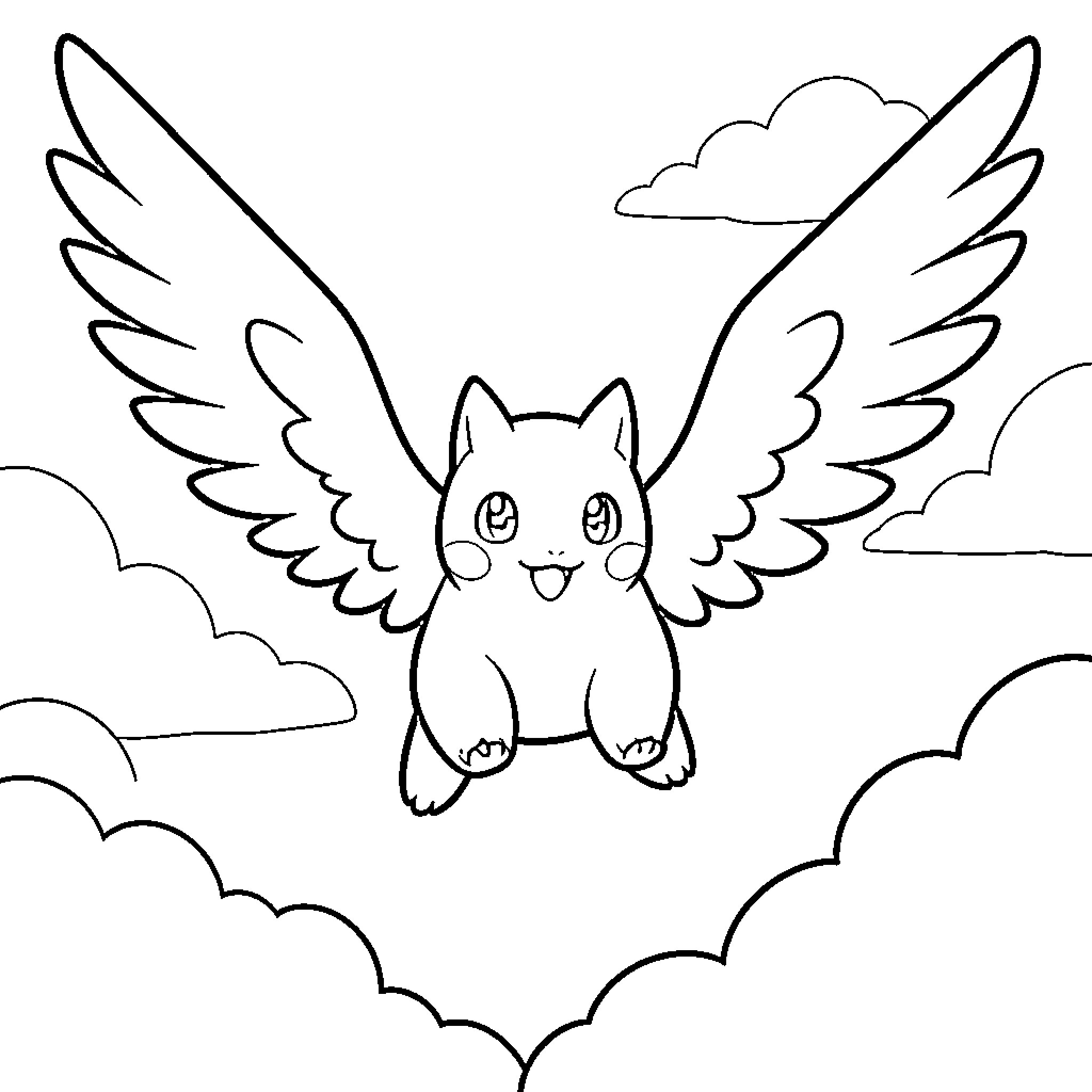 Wing Pokémon flying joyfully through the clouds Coloring Page (free black-and-white line drawing printable PDF for all, from beginners to advanced learners, including children, teens, adults, and seniors)