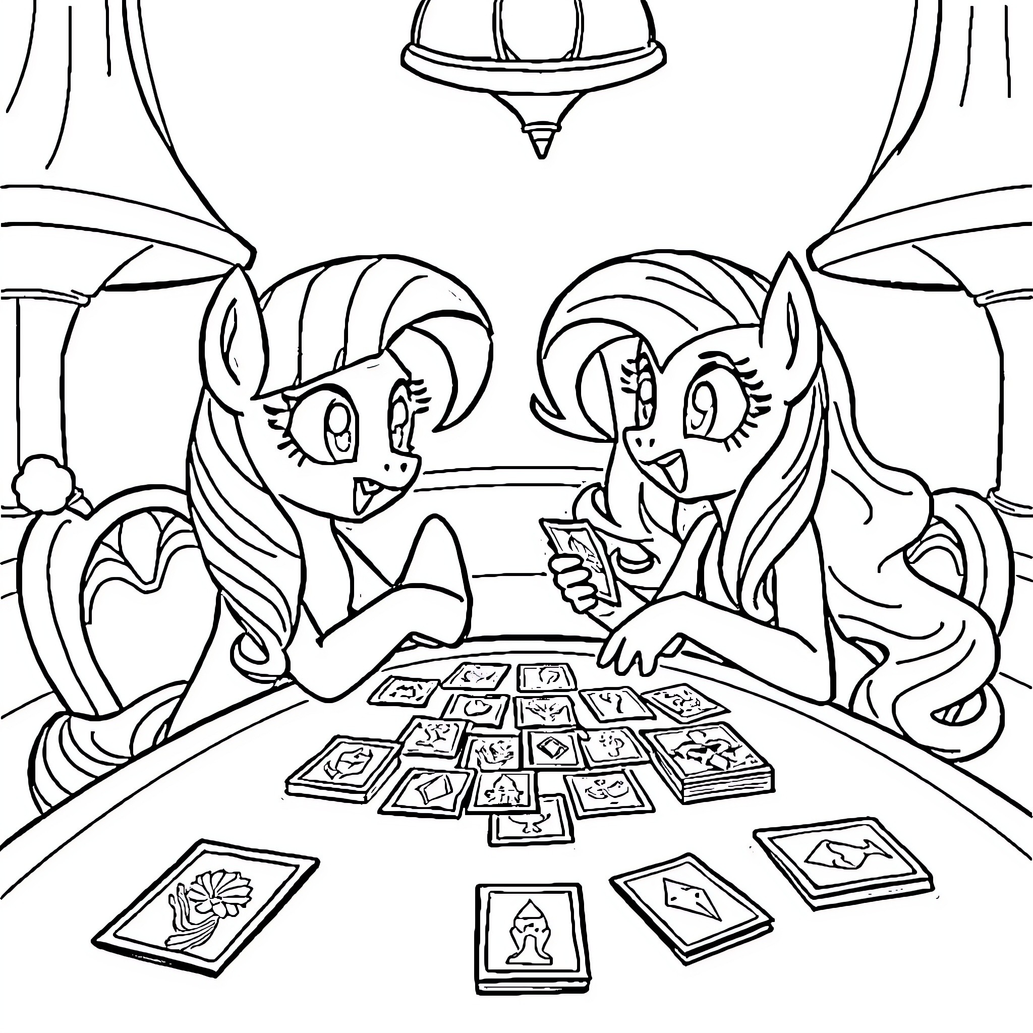 Twilight Sparkle and Friends Playing Board Game Coloring Page (free black-and-white line drawing printable PDF for all, from beginners to advanced learners, including children, teens, adults, and seniors)