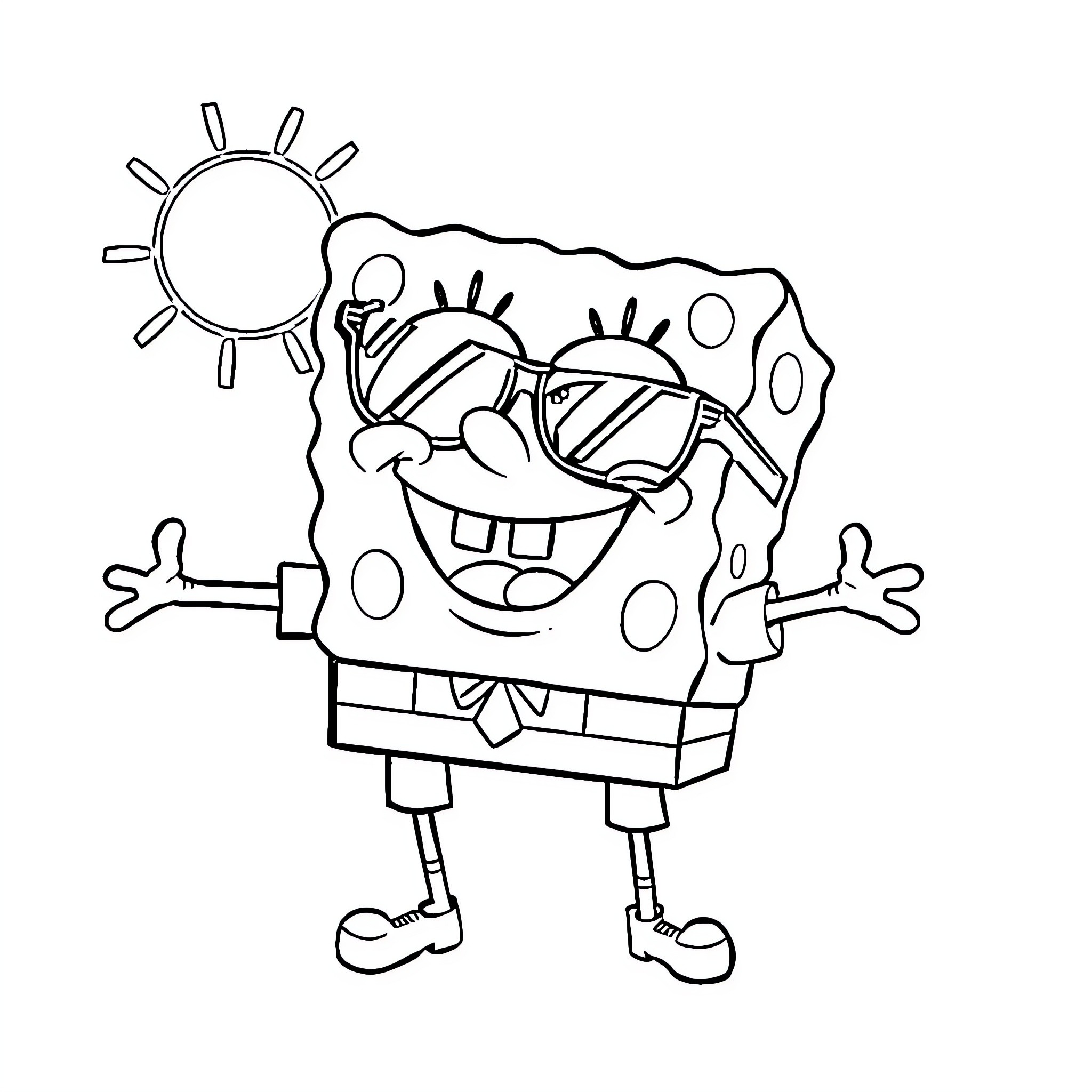 Spongebob enjoying a sunny day Coloring Page (free black-and-white line drawing printable PDF for all, from beginners to advanced learners, including children, teens, adults, and seniors)
