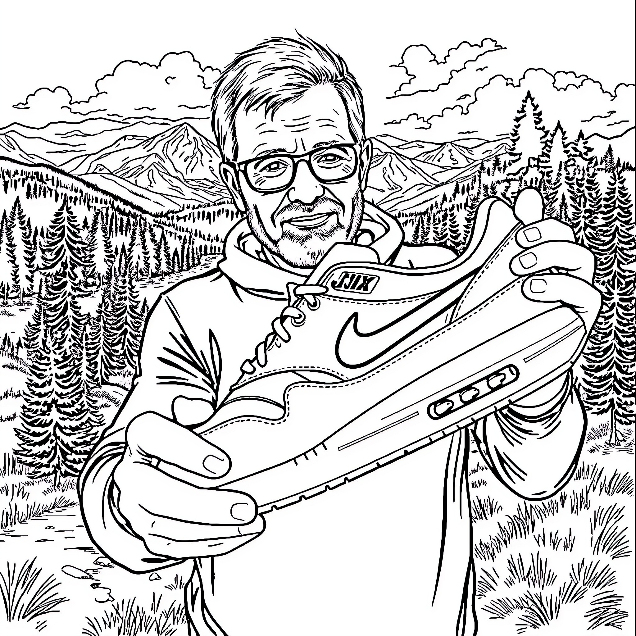 Tinker Hatfield designing innovative athletic footwear in nature Coloring Page (free black-and-white line drawing printable PDF for all, from beginners to advanced learners, including children, teens, adults, and seniors)