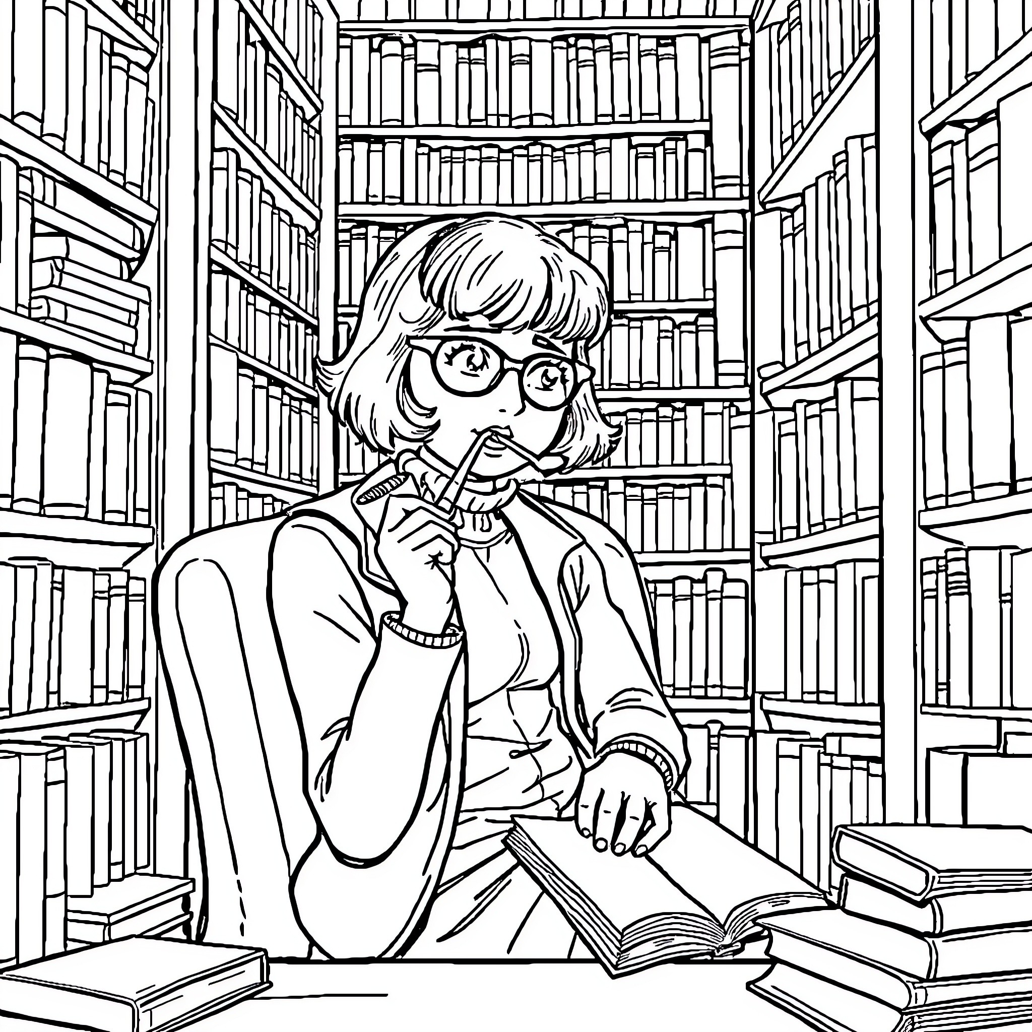 Velma studying intently in the library Coloring Page (free black-and-white line drawing printable PDF for all, from beginners to advanced learners, including children, teens, adults, and seniors)
