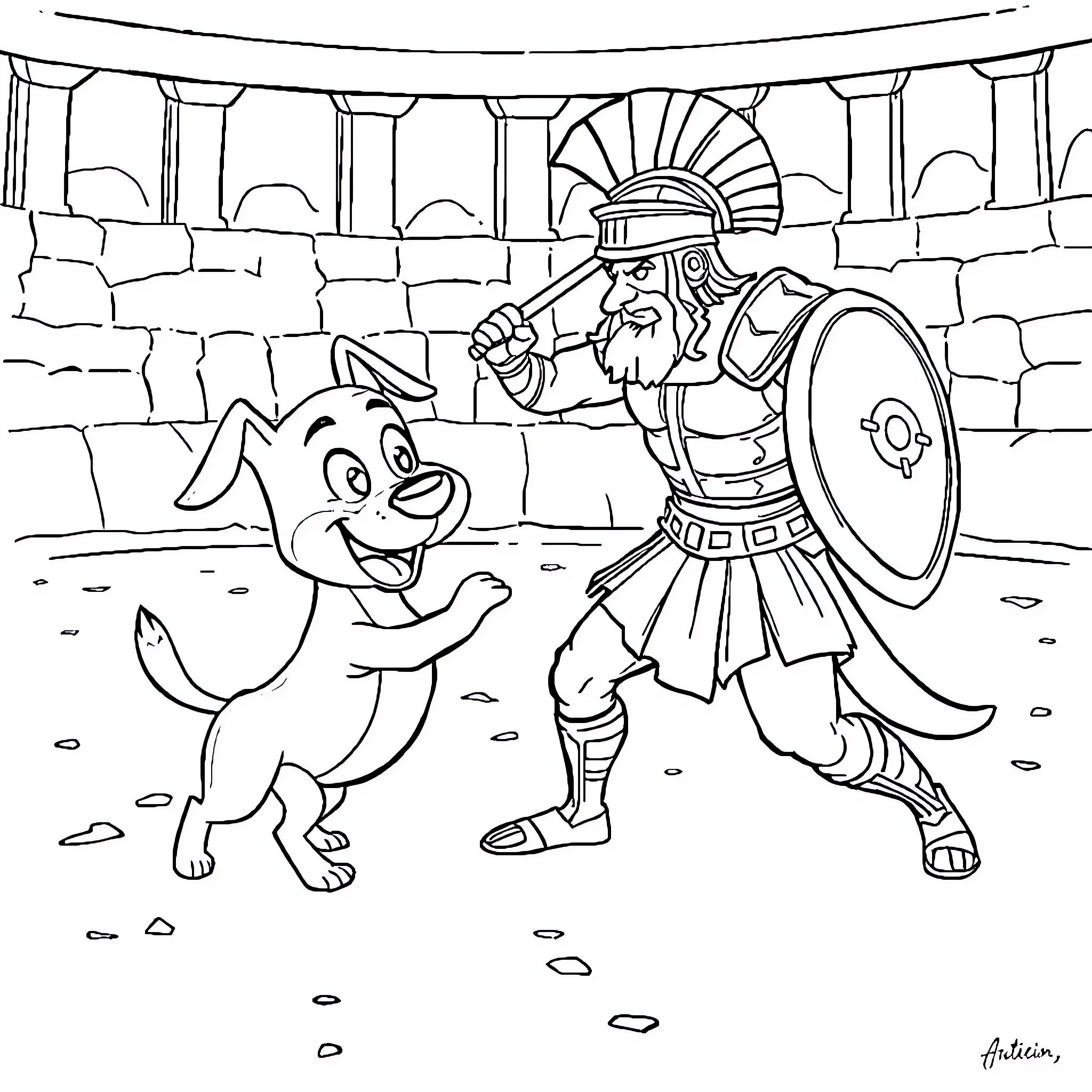 Gladiator and his Companion Dog in the Arena Coloring Page (free black-and-white line drawing printable PDF for all, from beginners to advanced learners, including children, teens, adults, and seniors)