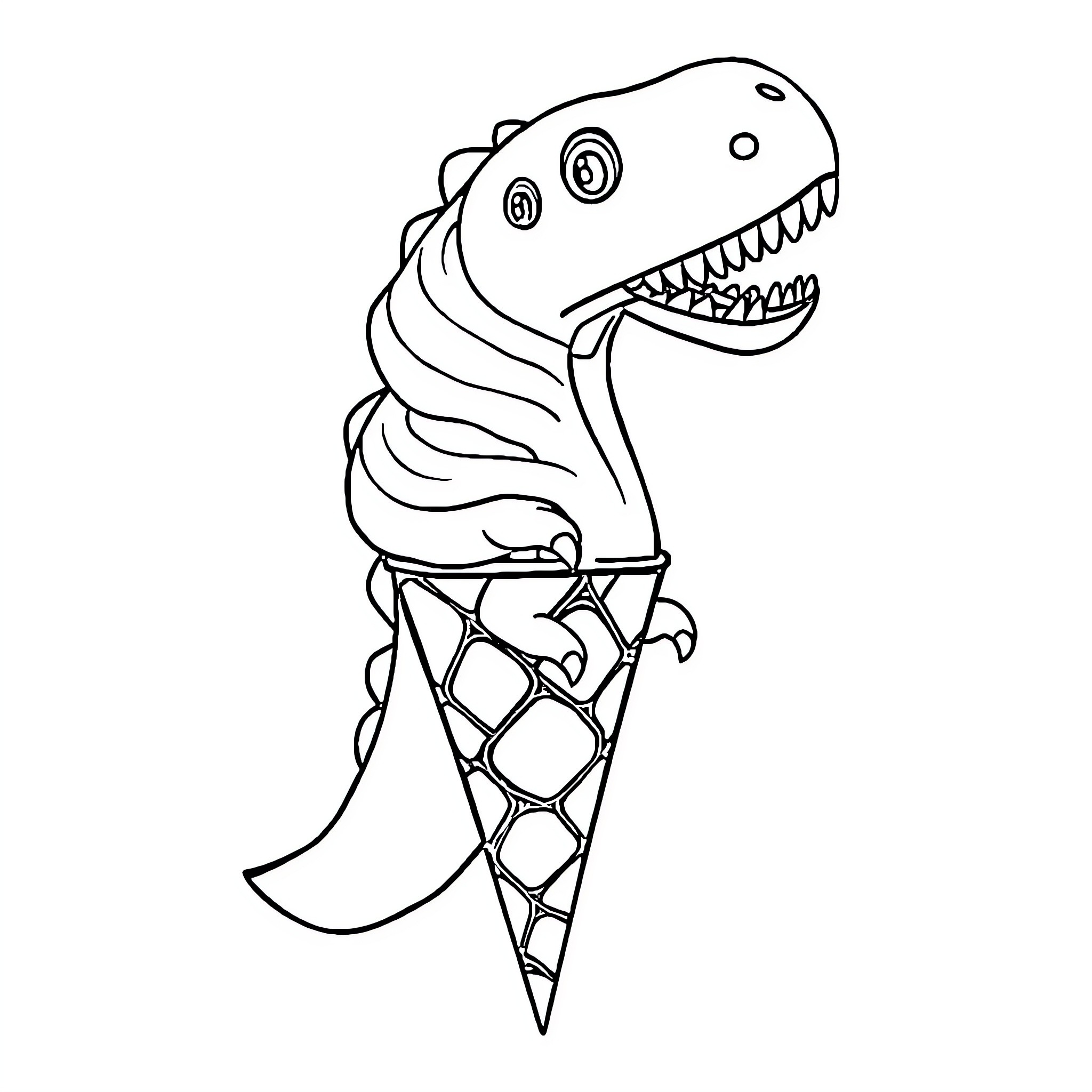 Dinosaur ice cream cone with sharp teeth Coloring Page (free black-and-white line drawing printable PDF for all, from beginners to advanced learners, including children, teens, adults, and seniors)