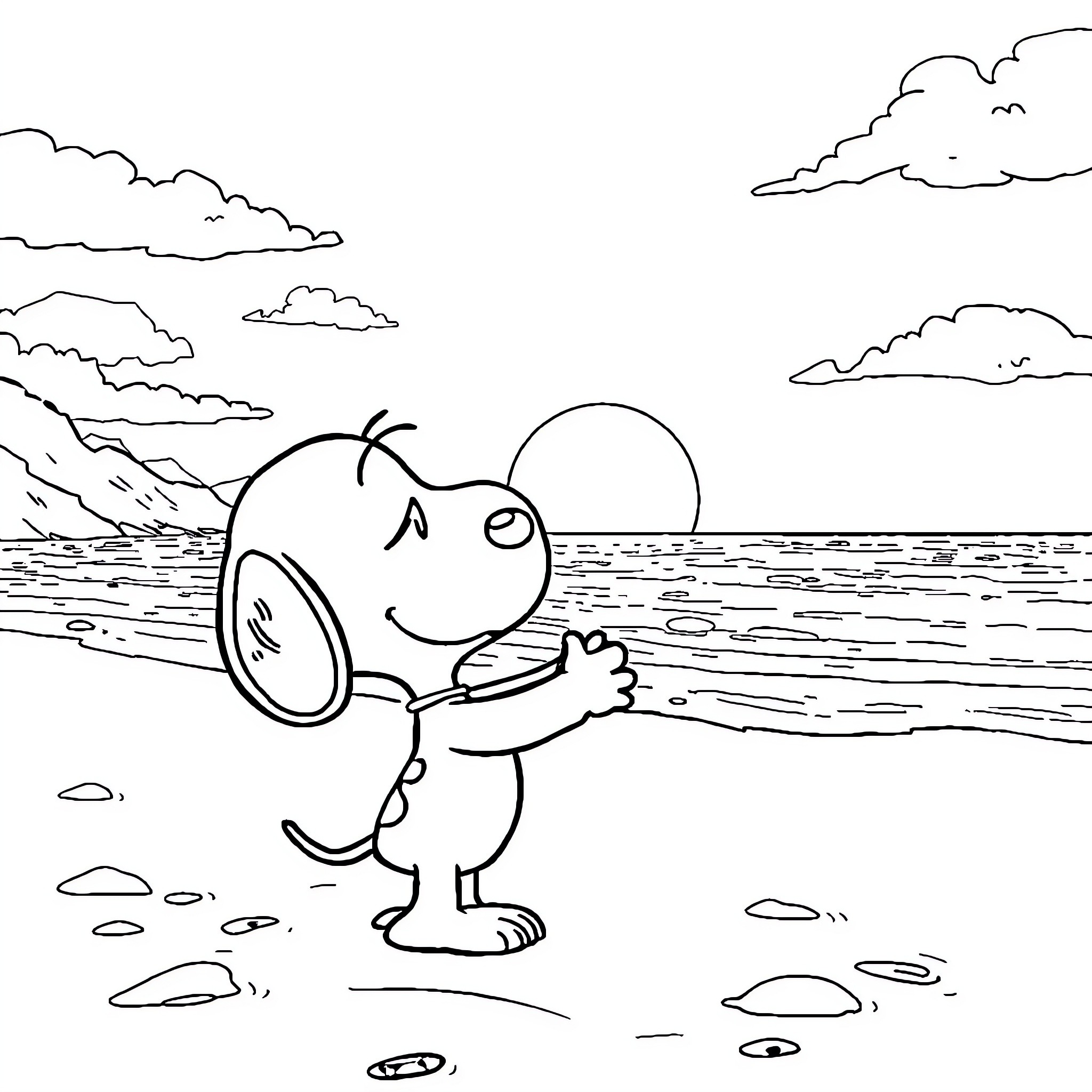 Snoopy enjoying a sunny day at the beach Coloring Page (free black-and-white line drawing printable PDF for all, from beginners to advanced learners, including children, teens, adults, and seniors)